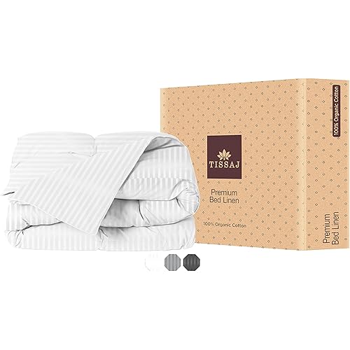 Tissaj Luxury Collection – King Size Duvet Cover – 100% GOTS Certified Organic Cotton – Sateen Weave – Damask Stripes Ultra White Color