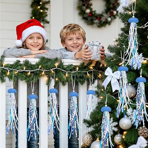 Miniatura 5 de Adornos de Navidad para colgar medusas, 4 piezas para adornos de árbol de Navidad, fiesta temática de sirena y decoración de fiesta bajo el mar,
