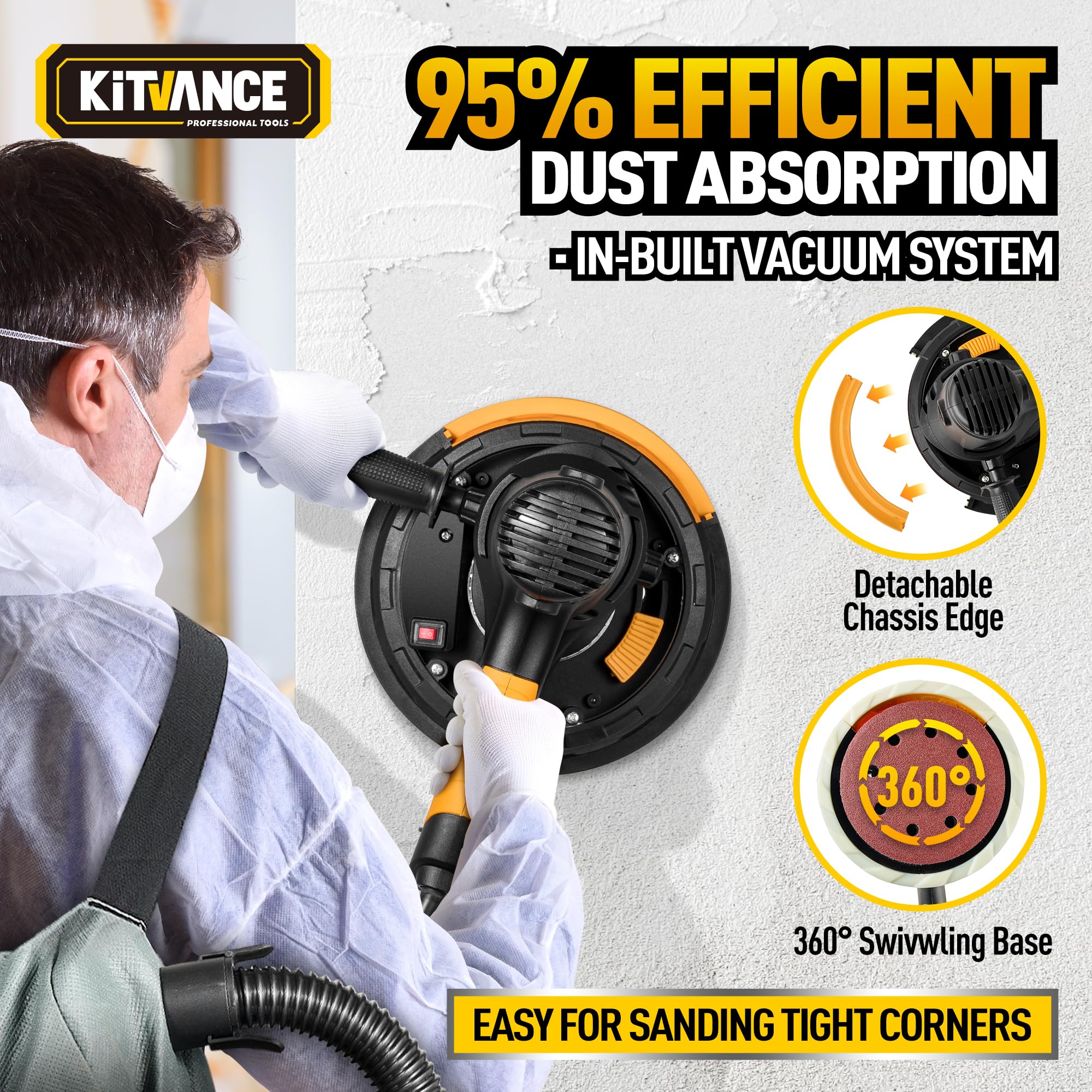 Drywall Sander, Electric Drywall Sander with Vacuum, Auto Dust Removal, Handheld Wall Sander with 6 Variable Speed 1200-2500 RPM, 6Pcs Sanding Discs, LED Light, ETL Listed