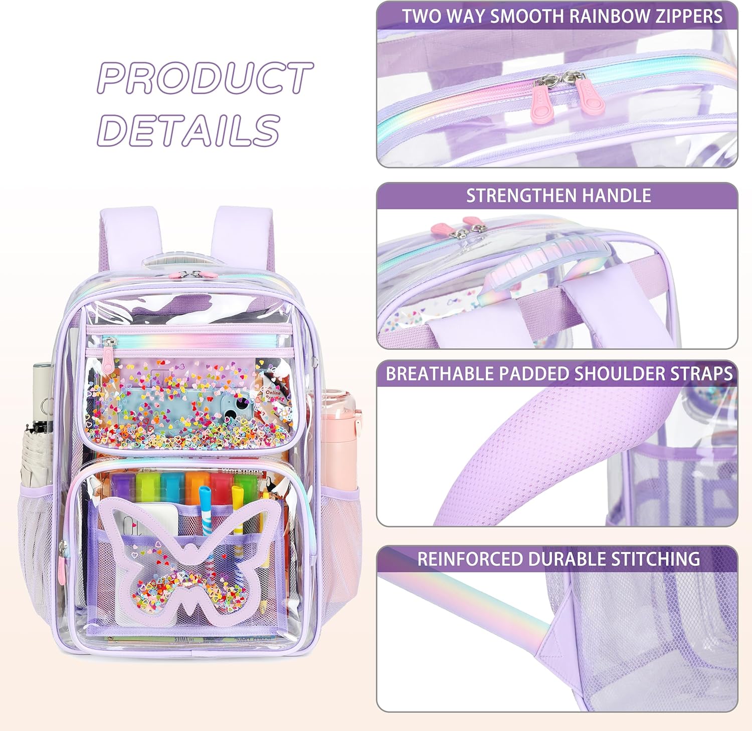 Clear Backpack for School,Large Bookbag Heavy Duty See Through Butterfly Backpacks for Girls Stadium Approved Daypack Transparent Shoulder Bags for Students,Teens,Women,Work,Travel,Concert Purple - Image 4