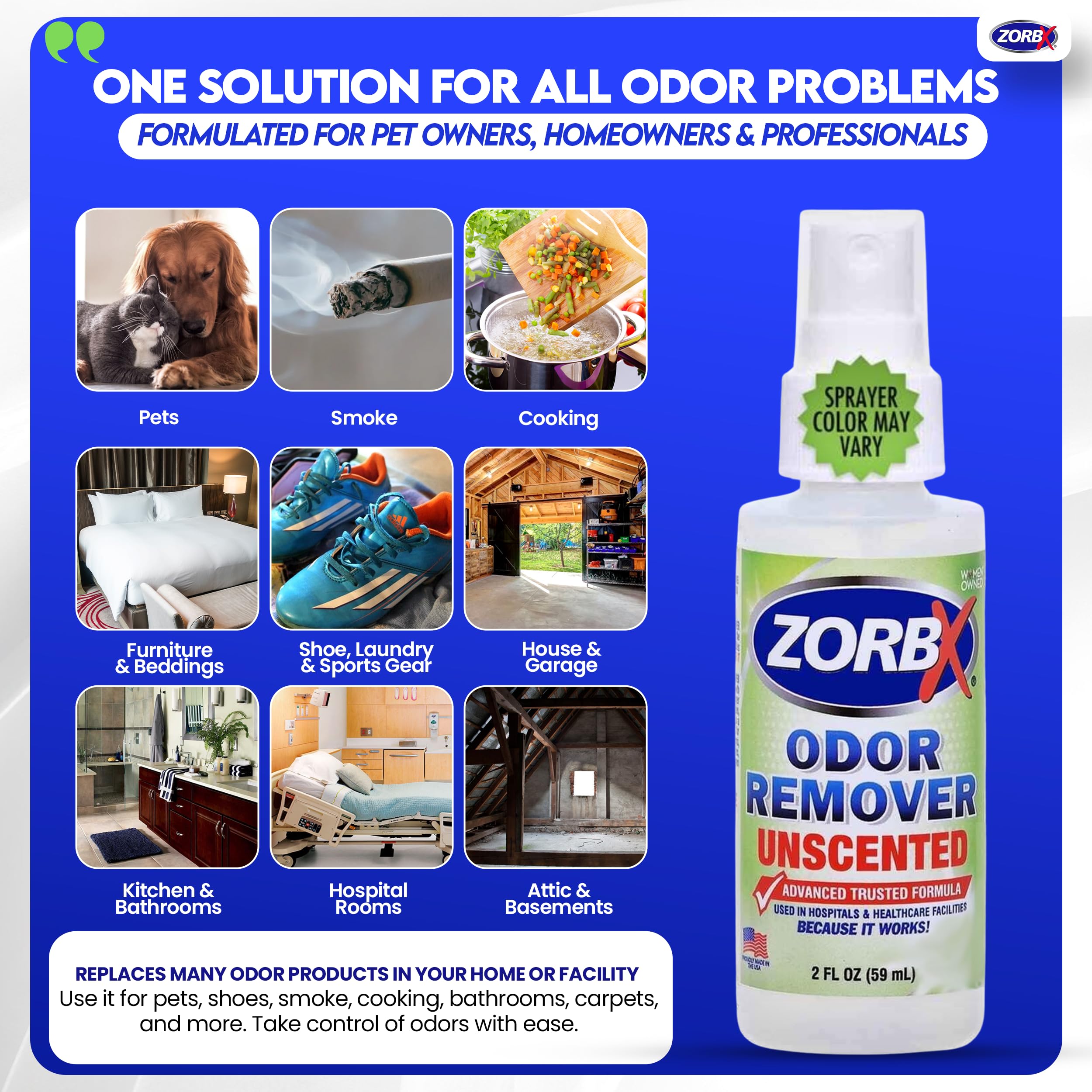 ZORBX Eliminador de olores sin perfume para olores fuertes, 2 onzas, paquete de 24, utilizado en hospitales e instalaciones sanitarias, fórmula avanzada de confianza, spray removedor de olores de