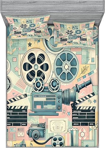 Ambesonne Cinema Lover - Juego de sábanas bajeras y fundas de almohada, diseño cinéfilo de ruedas de película de cámara retro y tablilla, juego de