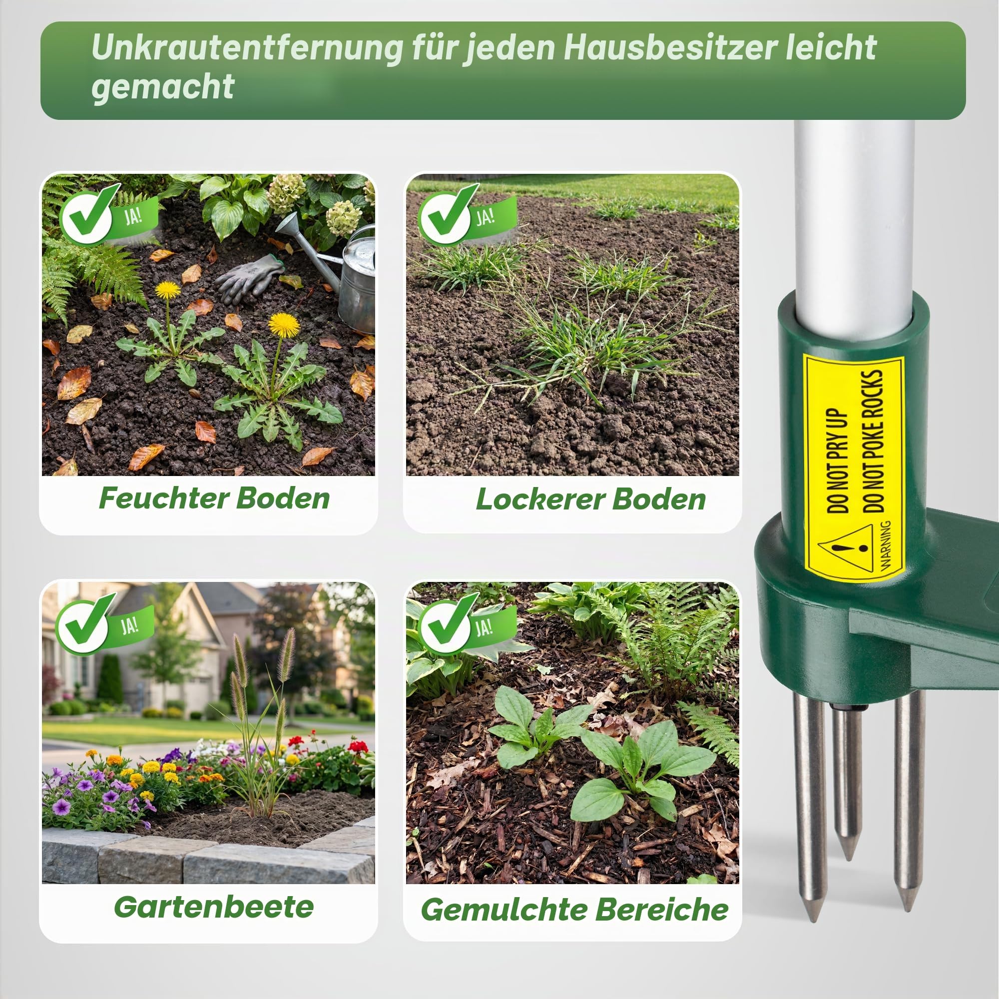 Walensee Unkrautstecher mit langem Stiel, Stand-Up Unkrautentferner mit 3 Krallen, Manueller Wurzelstecher für Löwenzahn, Garten Unkrautzieher & Root Puller, 1 Stück