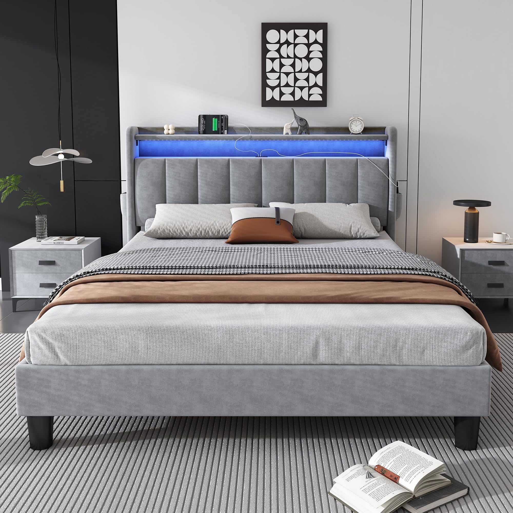Ball & Cast Upholstered Bed, 4ft6 double bed 135x190cm, Lower flap door storage, With LED light strip, 3 USB port+1 Type C, Durable and Sturdy, Youth bed, for adults & teenagers, Velvet, Grey