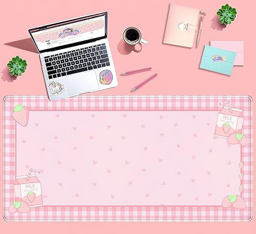 Miniatura 3 de Lindos tapetes de escritorio a cuadros rosados, almohadilla de escritorio para juegos de leche de fresa, alfombrilla de mouse extendida kawaii