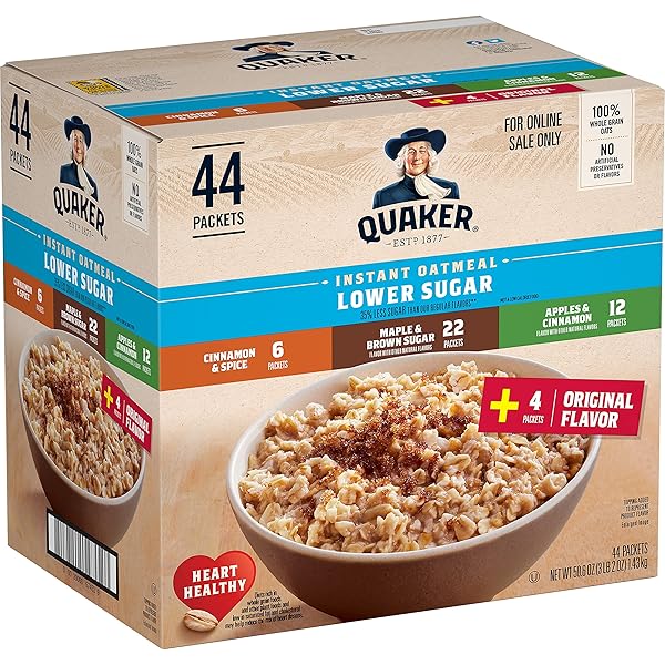 Quaker Instant Oatmeal Lower Sugar, 4 Flavor Variety Pack 44 Count (Pack of 1)