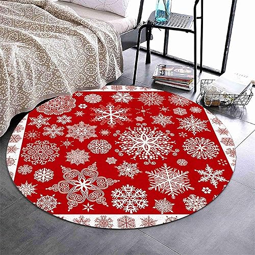 Miniatura 10 de Alfombra redonda de Navidad, 4 pies, alfombra roja de Navidad, letrero de copo de nieve, adecuado para fiestas de Navidad, sala de estar, comedor,