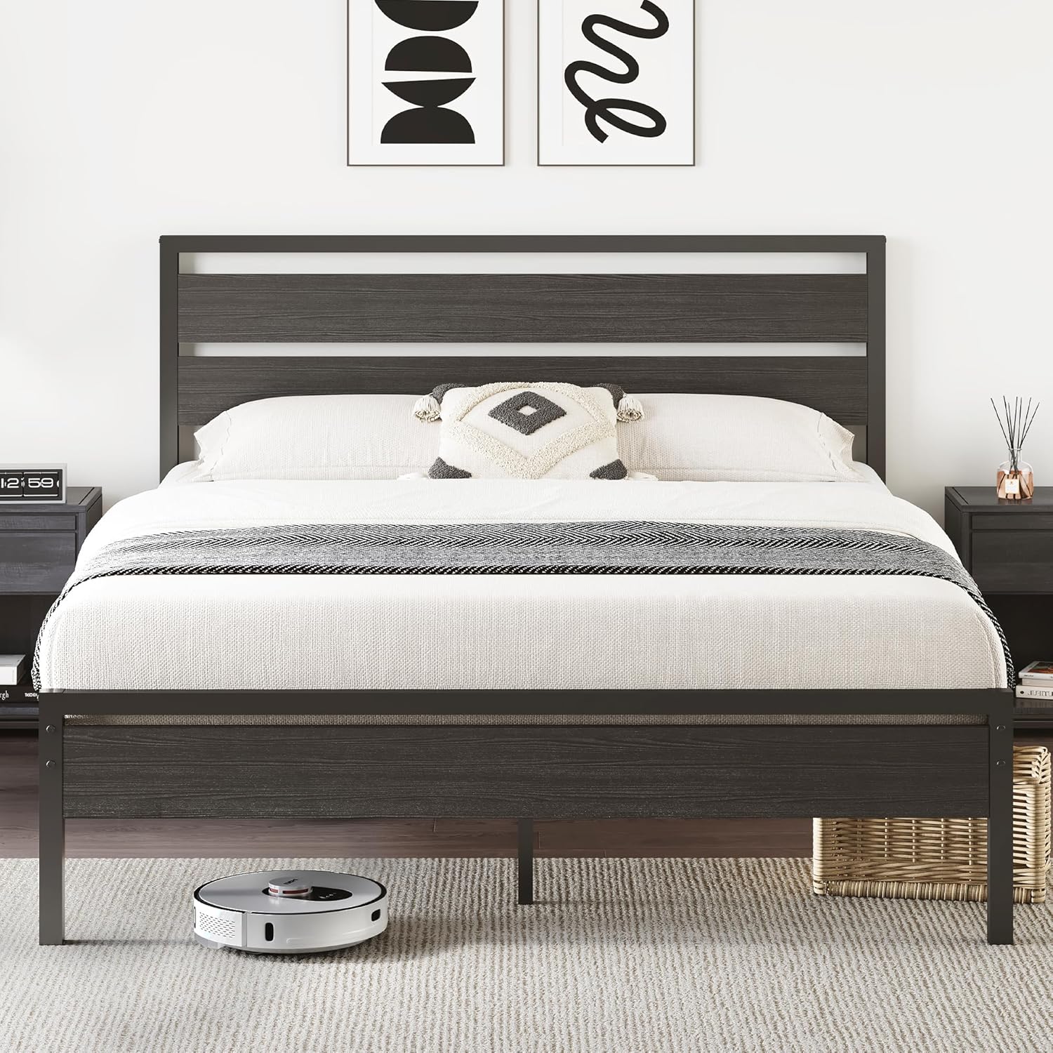 BedsPick 16 Inch Queen Bed Frame Sturdy Metal Bed Frame Queen Size with Wooden Headboard and Footboard, Noiseless/12.5" Under Bed Space/Durable Support//No Box Spring Needed/Anti-Slip, Black Oak