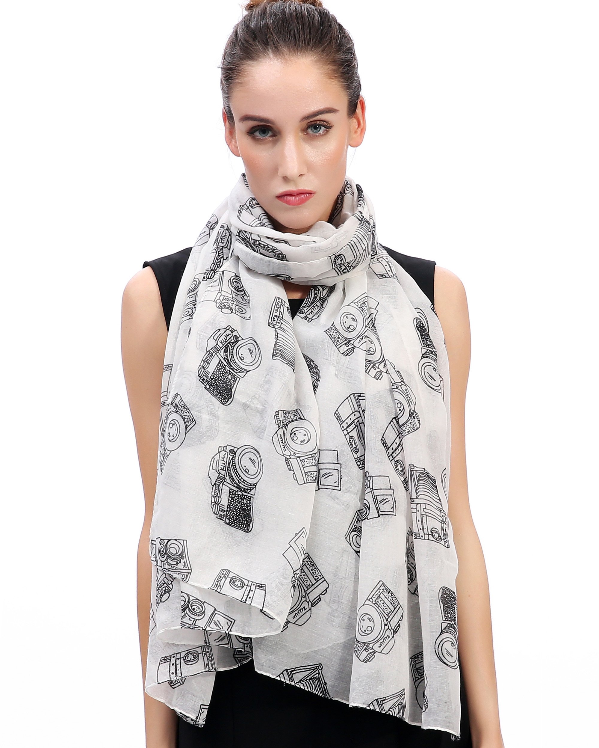 Lina & Lily Vintage Camera Print Women's Scarf Oversized (White)(Size: One Size)