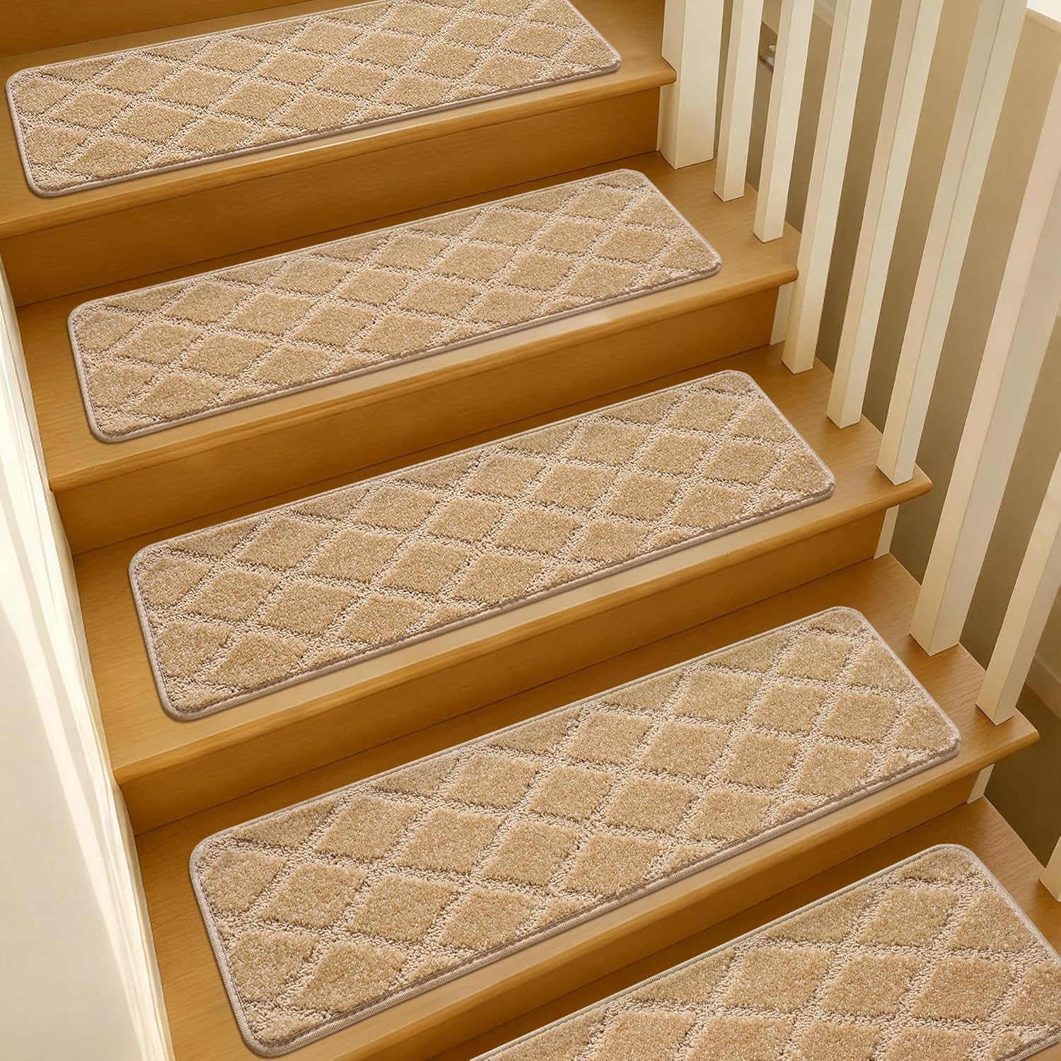9.5"x36" Stair Treads for Wooden Steps Indoor, 15 Pcs Non Slip Peel and Stick Carpet Stair Treads, Washable & Reusable Self Adhesive Stair Runner Rug for Kids Elders Pets - Beige 9.5"X36" Beige 15