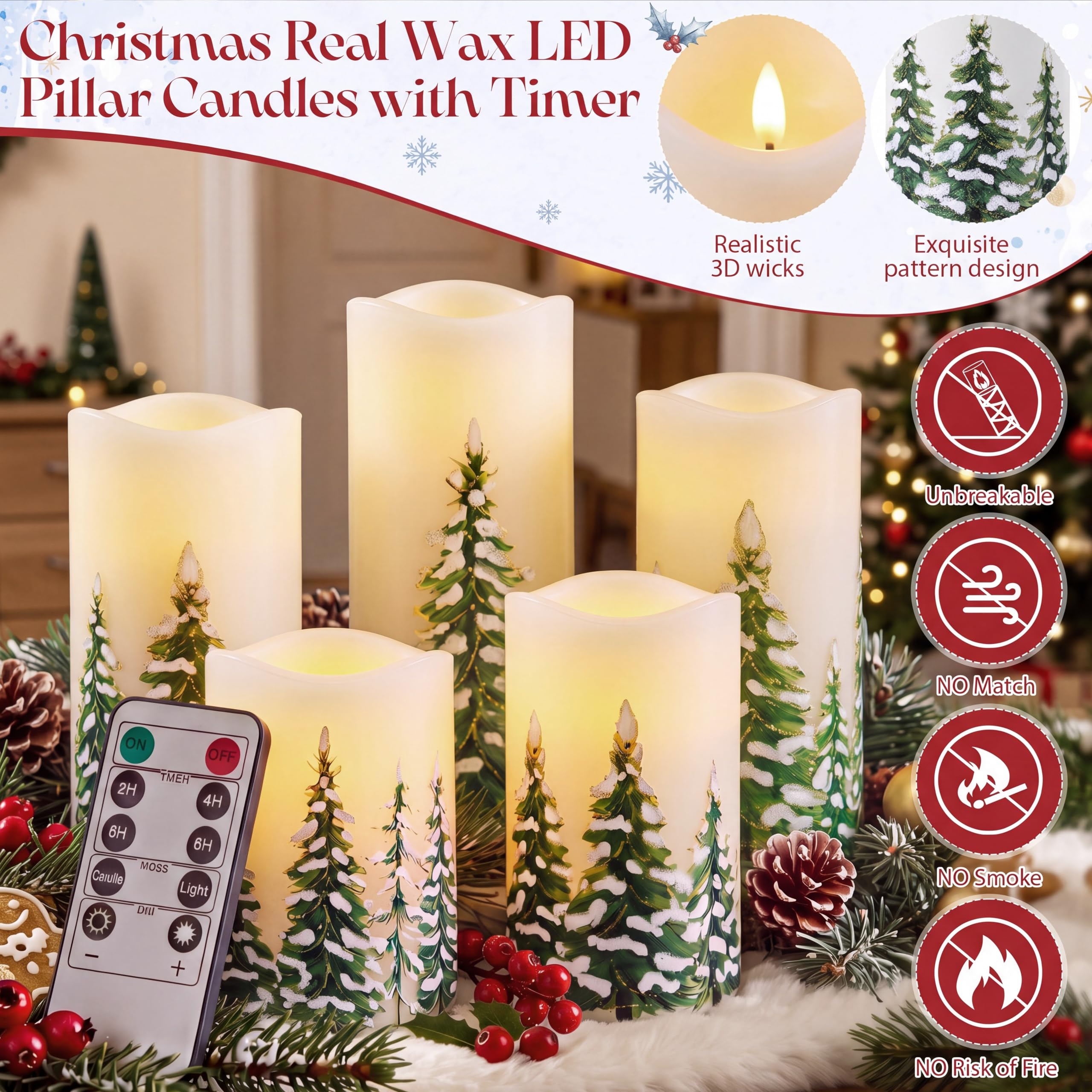 Baquler Confezione da 5 candele tremolanti senza fiamma per albero di Natale, candele a LED in vera cera, con timer, funzionamento a batteria, candele calde senza fiamma, 7,6 x 10,2 cm, 15,6 cm, 17,8