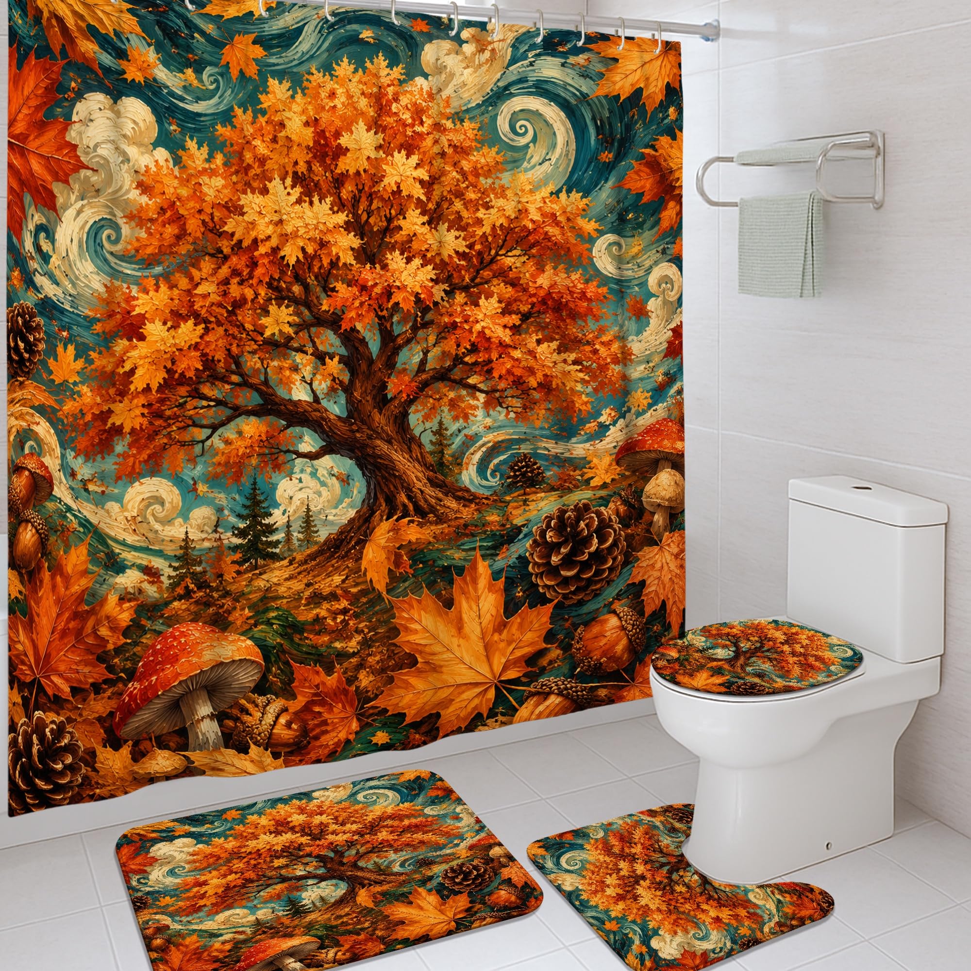 Rideau de douche feuilles rustiques et pommes de pin pour décoration salle de bain nature