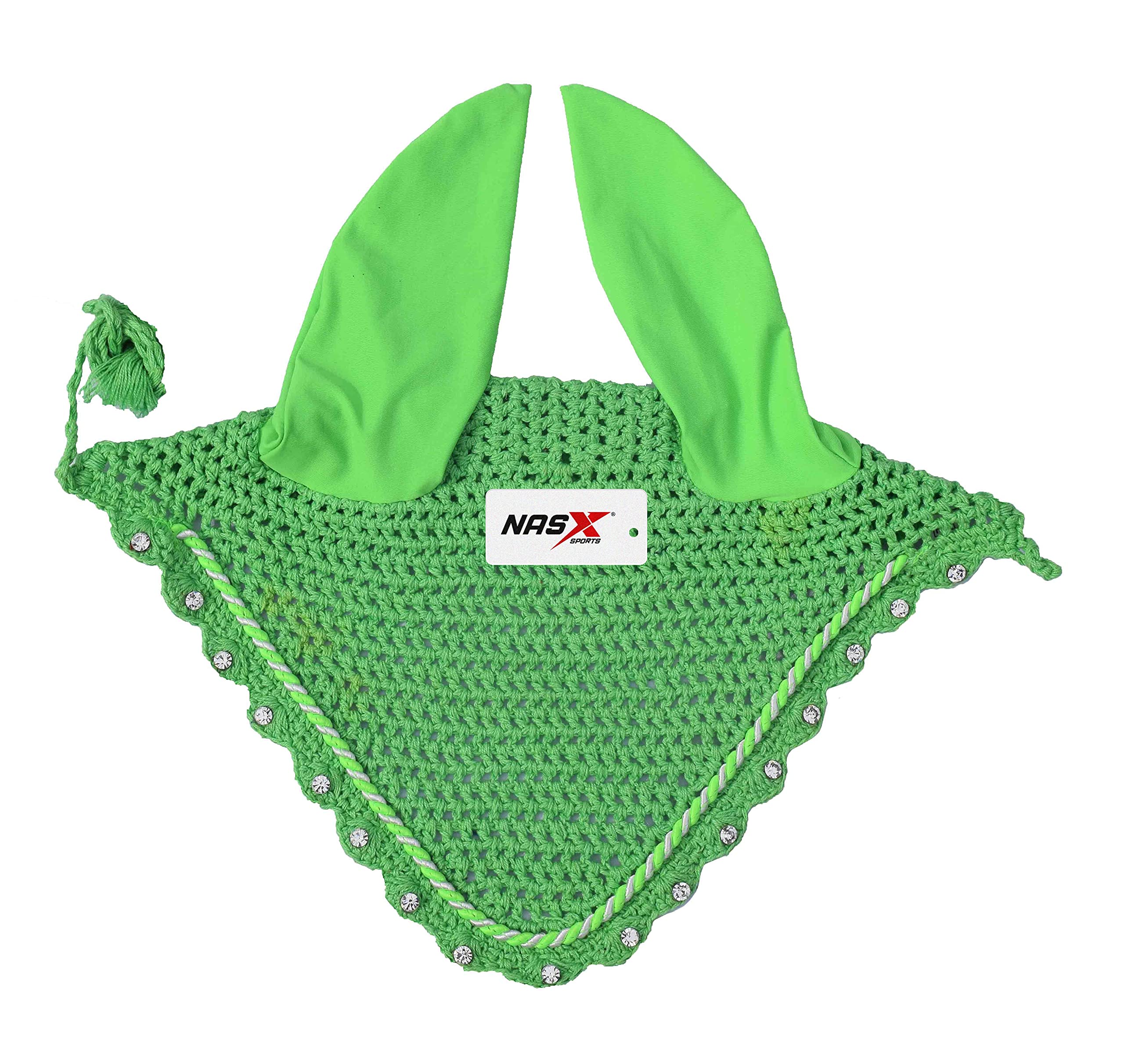 Diamante Crystal Horse Fly Hood Veil Ear Bonnet Flyveil Cotton Crochet Handmade Glitter (COB, Green)