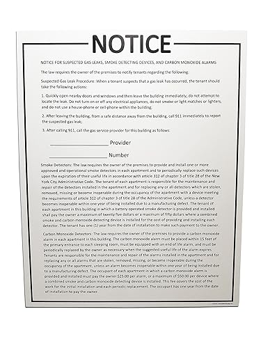 NYC artículo 312  "Aviso para Sospecha de fugas de gas, detección de dispositivos, de humo y monóxido de carbono Alarma  16" x 20" PVC Sign