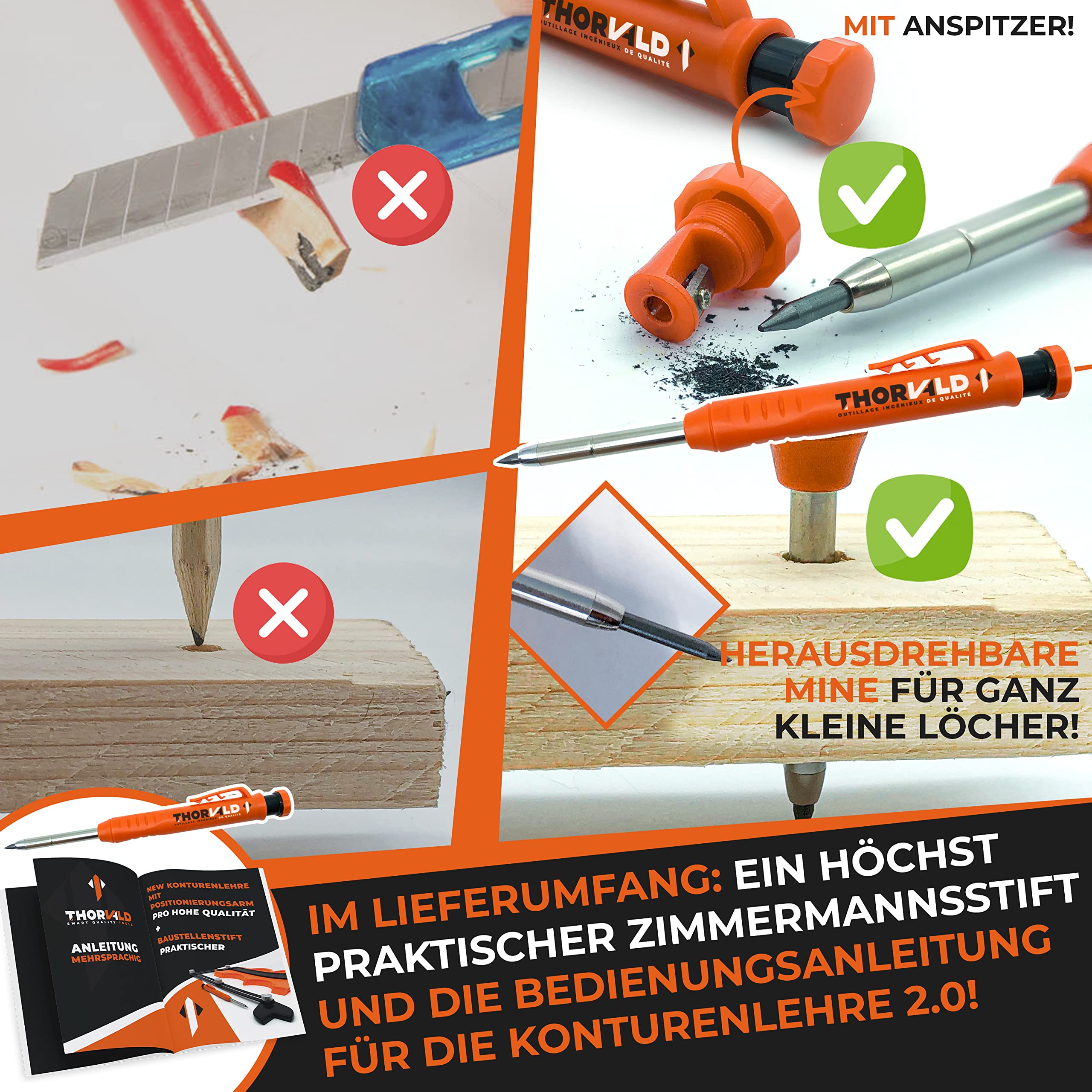 THORVALD Werkzeug Konturenlehre mit Feststeller & Winkelschablone - 25cm Konturlehre Konturen Schablone für Fliesen, Parkett, Laminat - Inkl. Tieflochmarker + Anleitung - Konturenabnehmer mit Schloss