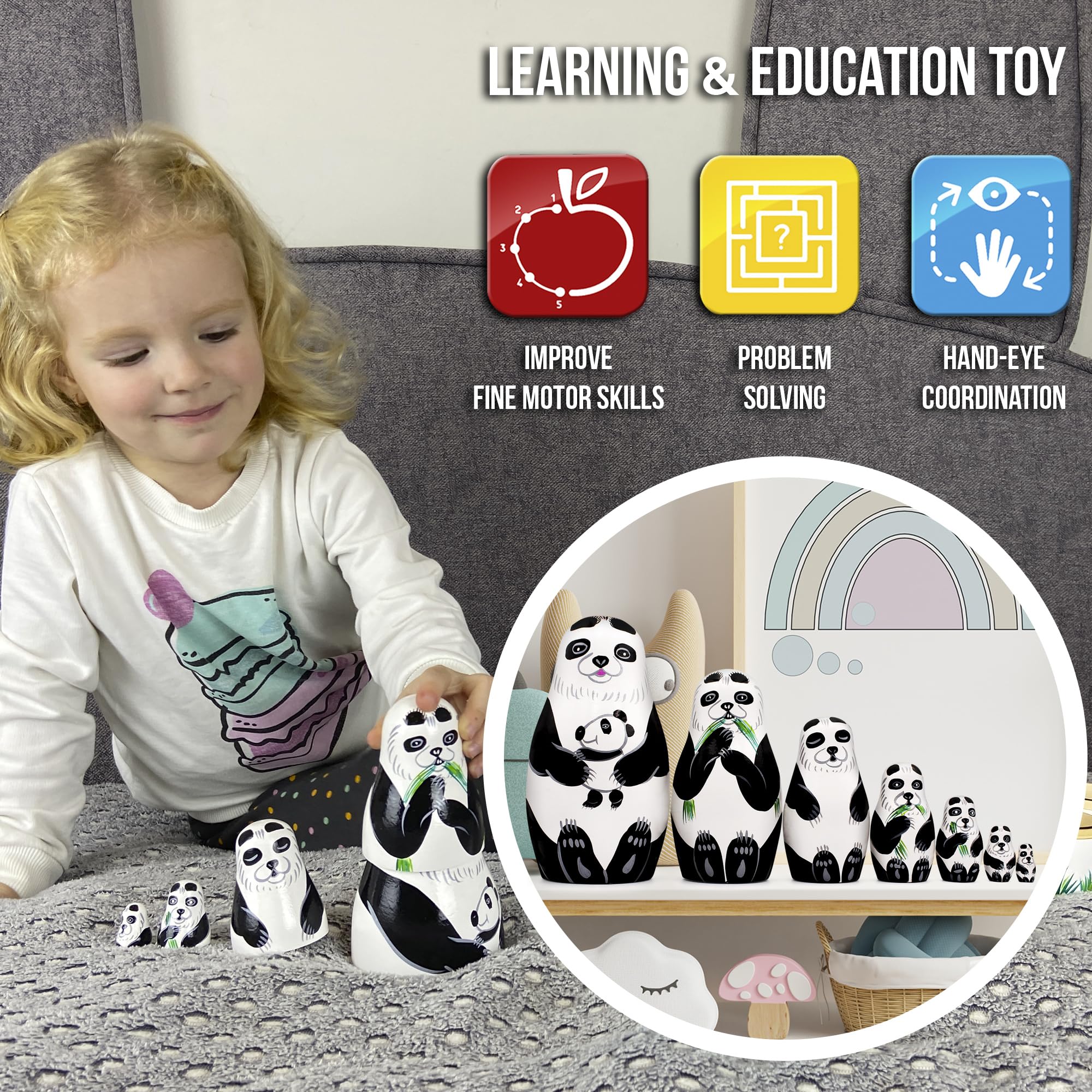 Set De 7 Muñecas Matryoshka De Osos Panda – Muñecas De Anidación Hechas A Mano, Decoración Y Regalo