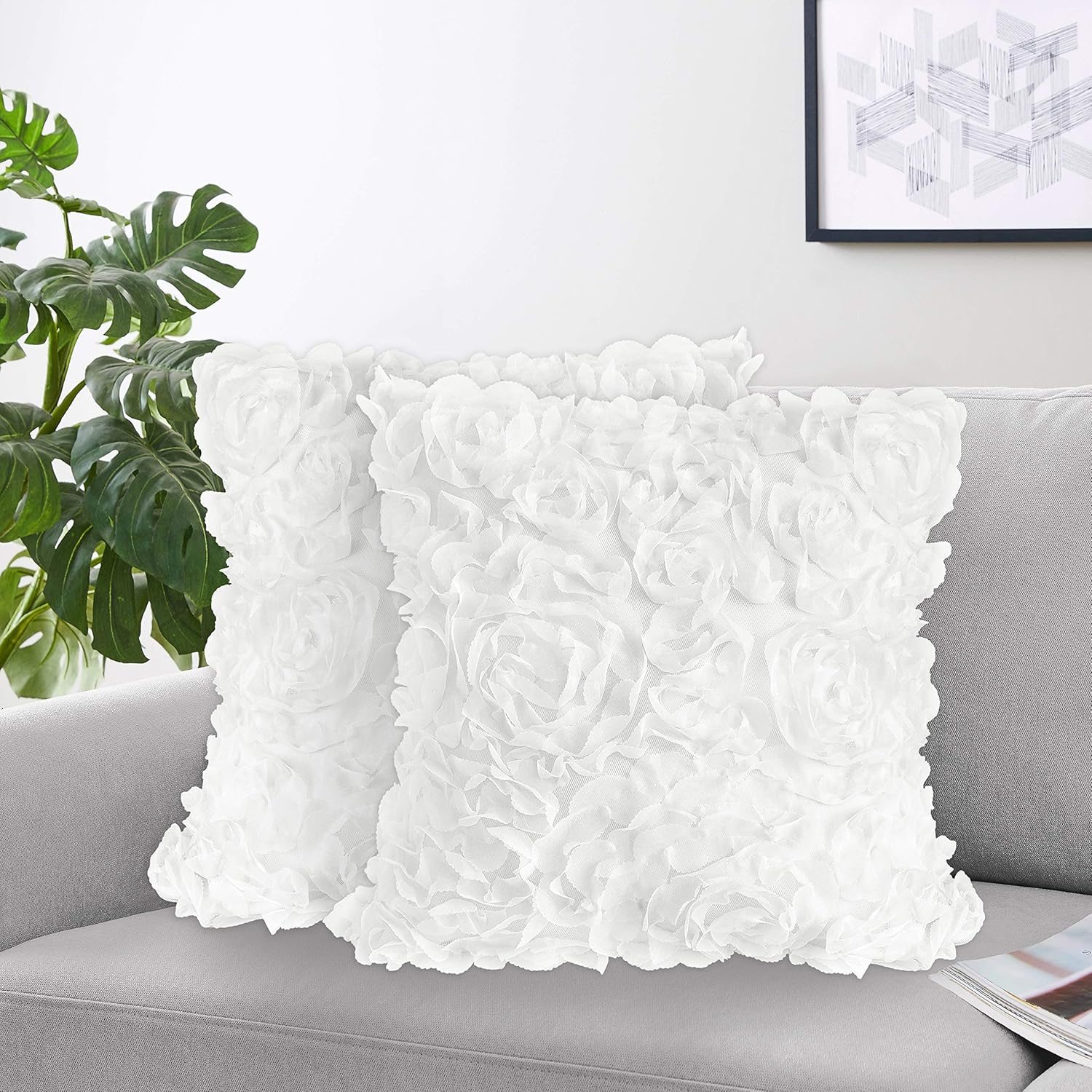 Sweet Jojo Designs White Floral Rose Decorative Accent Throw Pillows - Set of 2 - Solid Flower Luxurious Elegant Princess Vintage Boho Shabby Chic Luxury Glam High End Roses