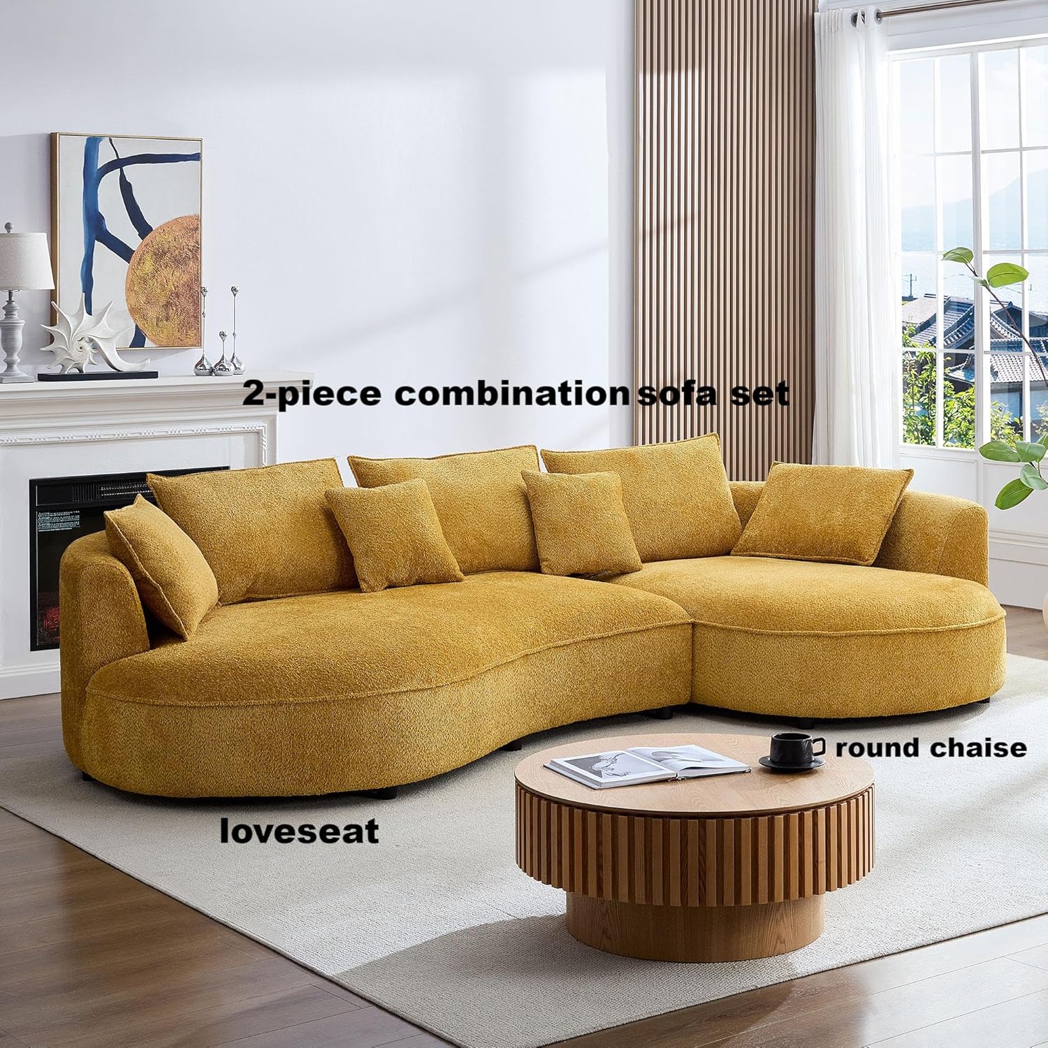 Modern Curved Sectional Sofa for Living Zone,Extra-Large Minimalist Deep Seat Couch, L-Shaped with Rounded Chaise, Plush Mustard Yellow Fabric,Multiple Throw Pillows (Right Chaise Facing)