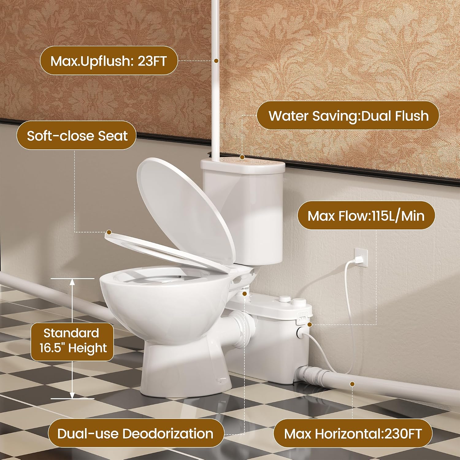 SUPERFLO 500W Macerating Toilet System Upflush Toilet for Basement with 4 Water Inlet for Bathroom & Garage, Macerator Toilets Pump System with 1.28GPF Dual Flush & Easy Install