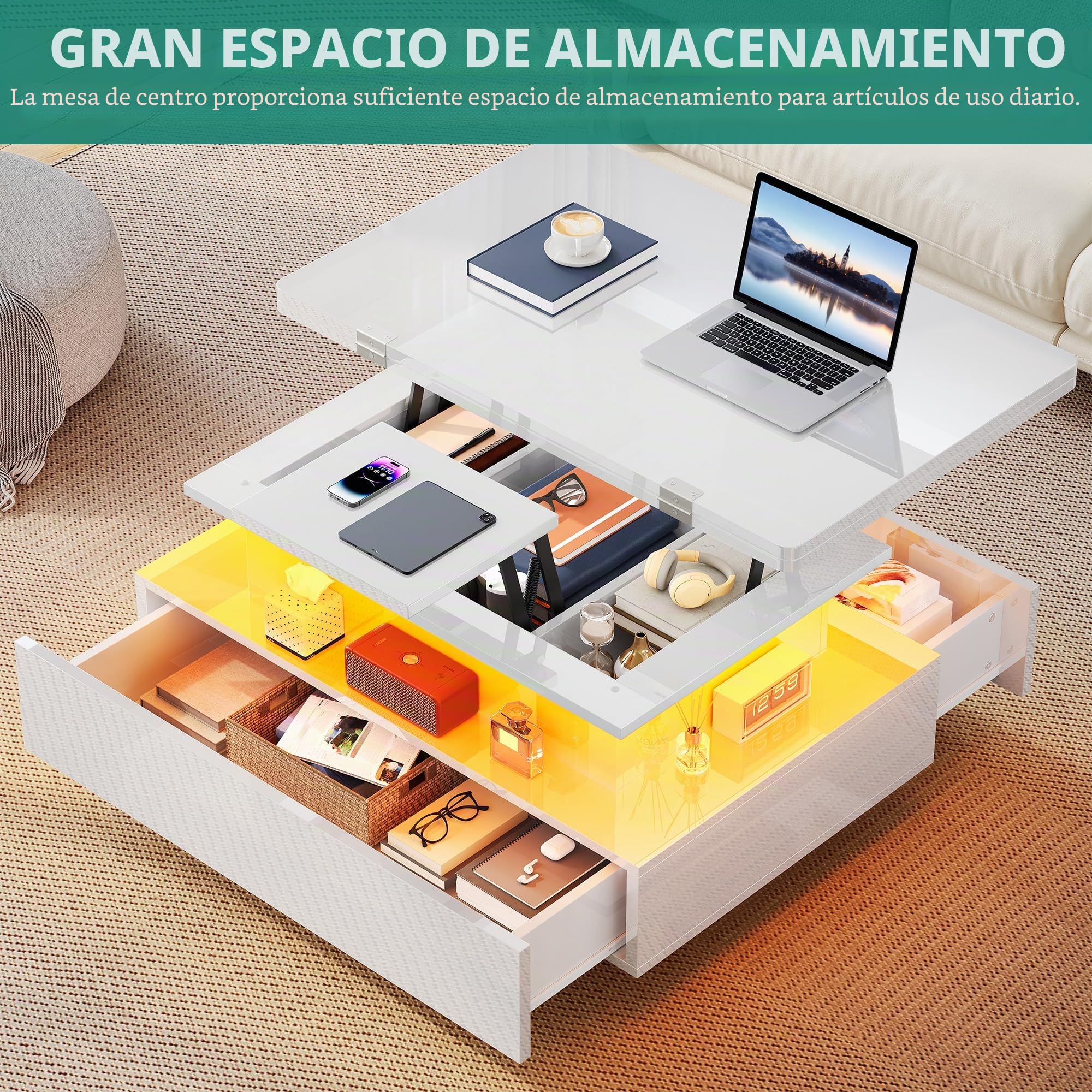 YITAHOME Mesa de Centro Elevable y Extensible, 4 en 1 Mesa Centro Convertible Brillante Moderna con LED Y 2 Cajones, Adecuado para Salon de Estar y Fiestas de Mesa