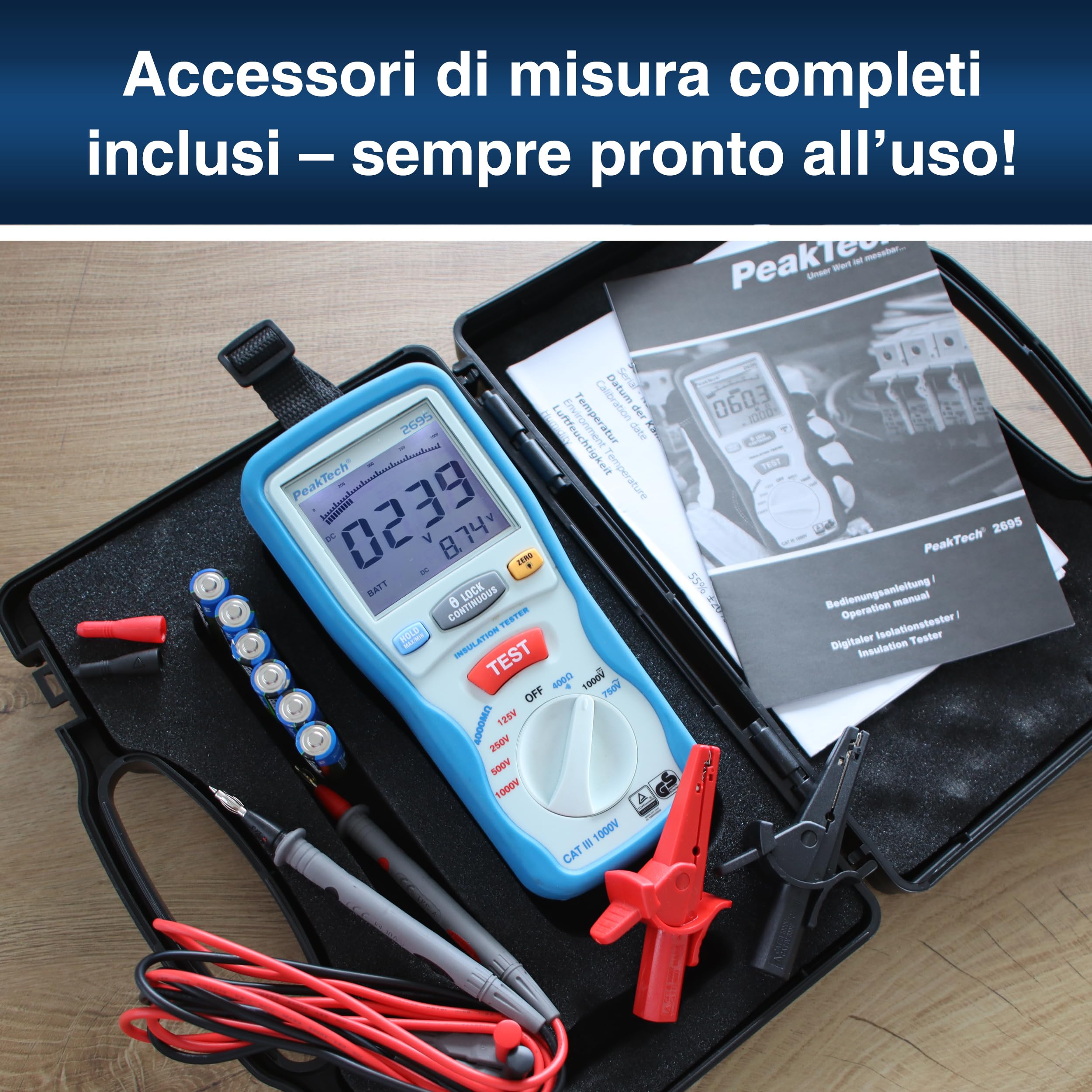 Peaktech P 2695 - Tester per Isolamento Elettrico, Voltmetro, Tester di Continuità, Circuiti e Fusibili, Funzioni Min/Max e Blocco Dati, Tüv/Gs - 125 V, 250 V, 500 V, 1000 V