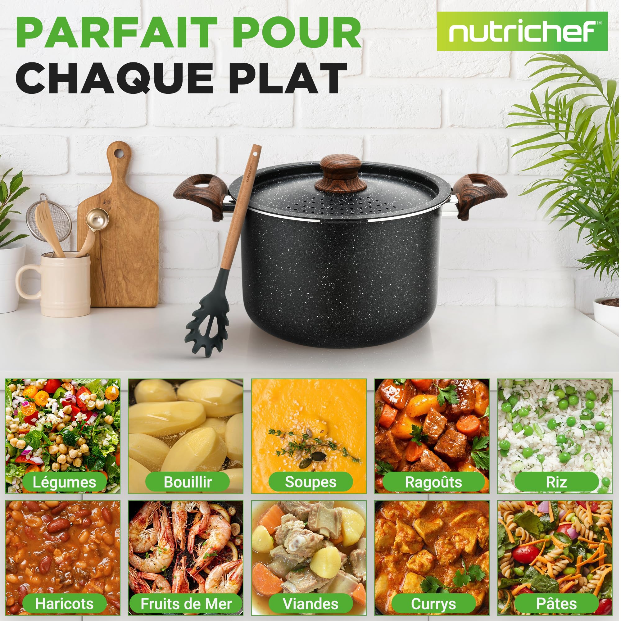 NutriChef Cuiseur à Pâtes 4,7L – Casserole à Pâtes Faitout Antiadhésive avec Égouttoir Intégré et Couvercle Passoire, Poignées Froides, Ustensiles de Cuisine Tous Feux Induction, Noir Marbré