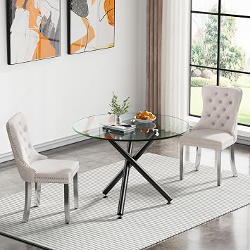 Black Glass Dining Room Table Set for 2, 3-Piece Modern 36" Round Kitchen Dining Table Set with Cross Metal Legs and 2 Beige Velvet Upholstered Chairs,Glass Kitchen Table and Chairs Set