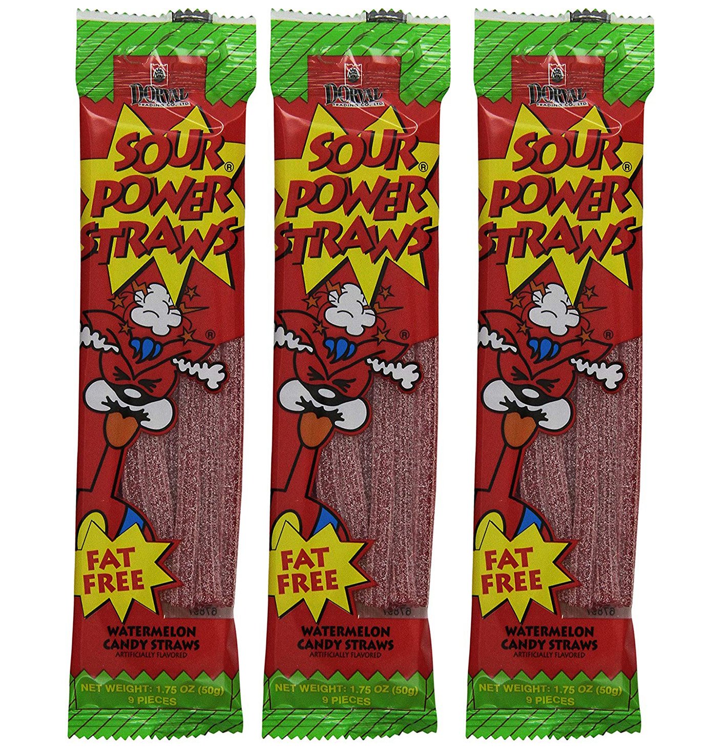 Sour Power Candy Straws, Flavored With Watermelon, 3Pack
