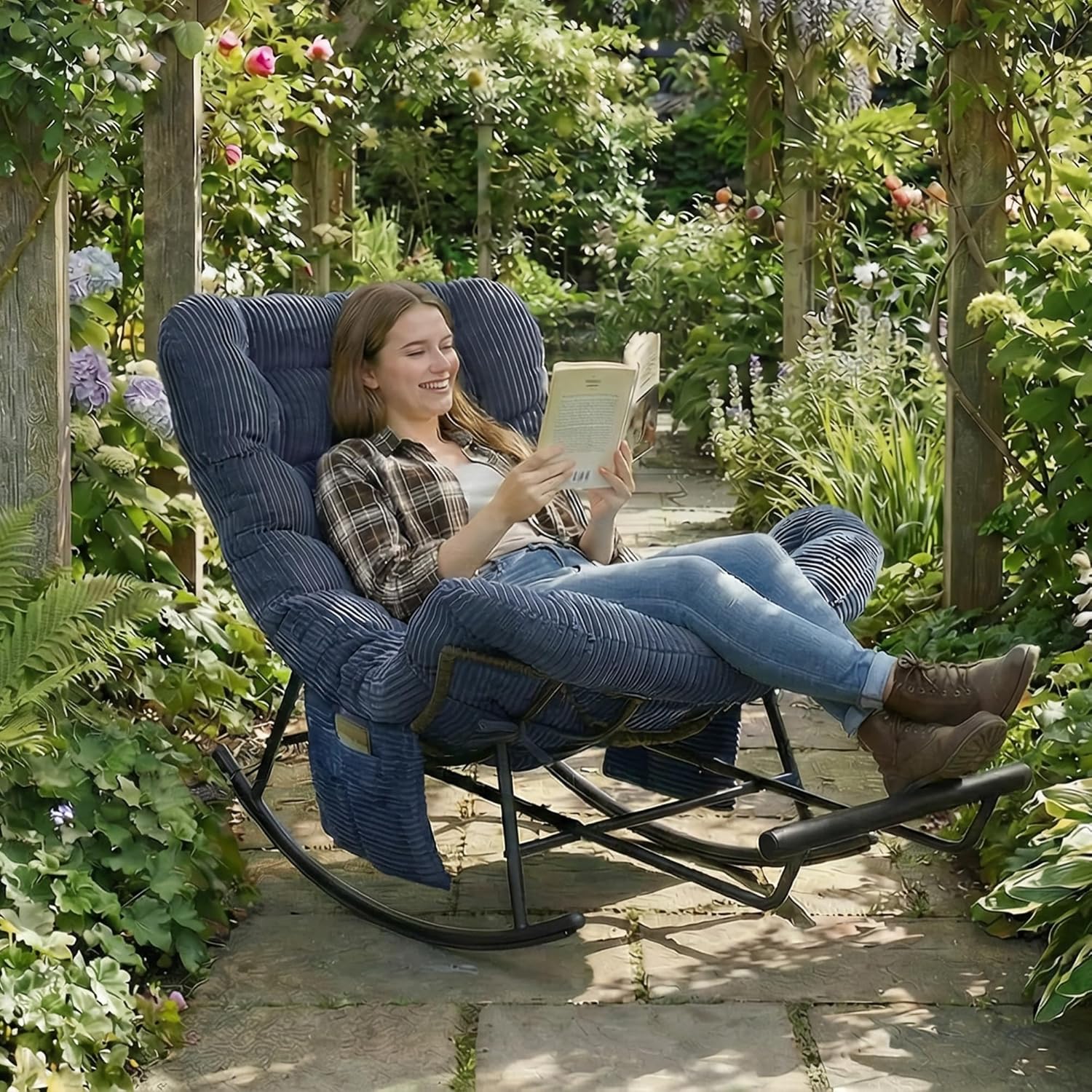 Rocking Chair Indoor & Outdoor, Oversized Patio Papasan Recliner Chair with Footstool Pillow & Side Pocket for Bedroom, Living Room, Garden, Balcony, Lawn (Pink)