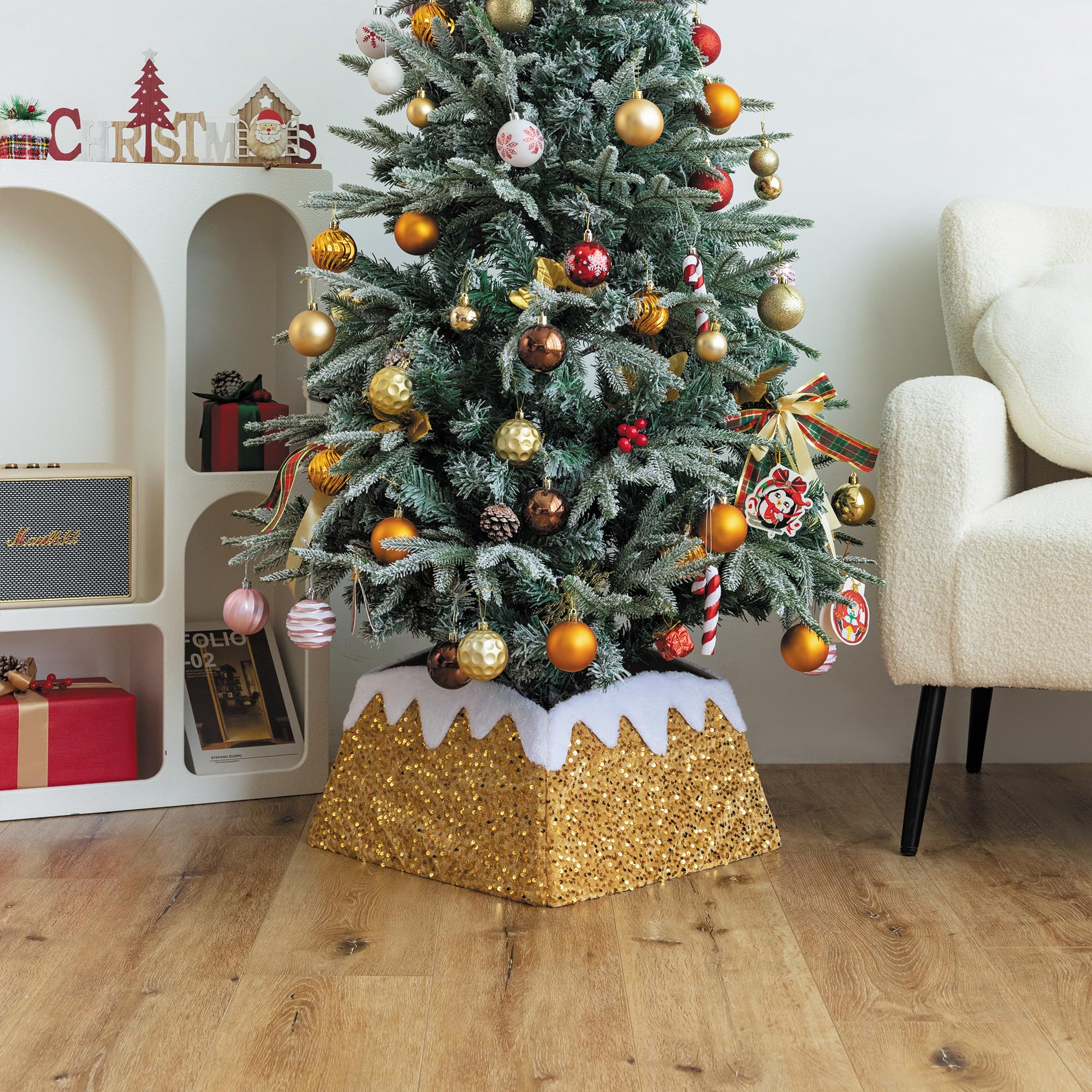 Glitter Silver Fabric Christmas Tree Collar - 12.8" To 16.9" Square Ring Alternative To Tree Skirt