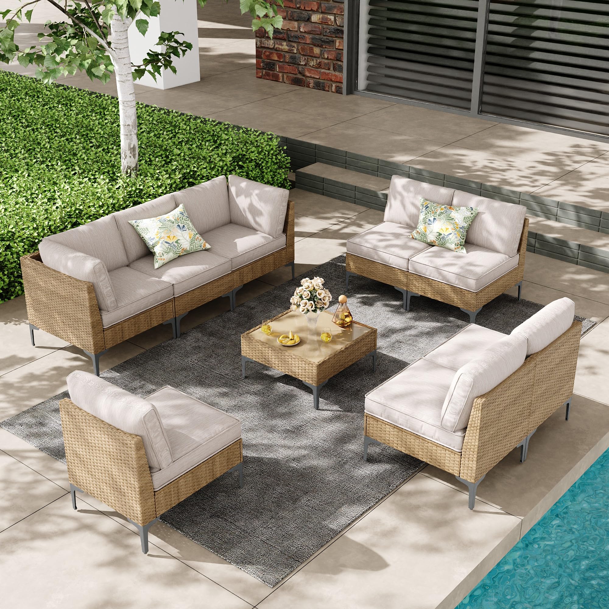 SunloungeCo 9-Piece Patio Furniture Set, Outdoor Wicker Sectional Sofa with Coffee Table, Anti-Slip & Thick All-Weather Cushions for Sunroom,Garden,