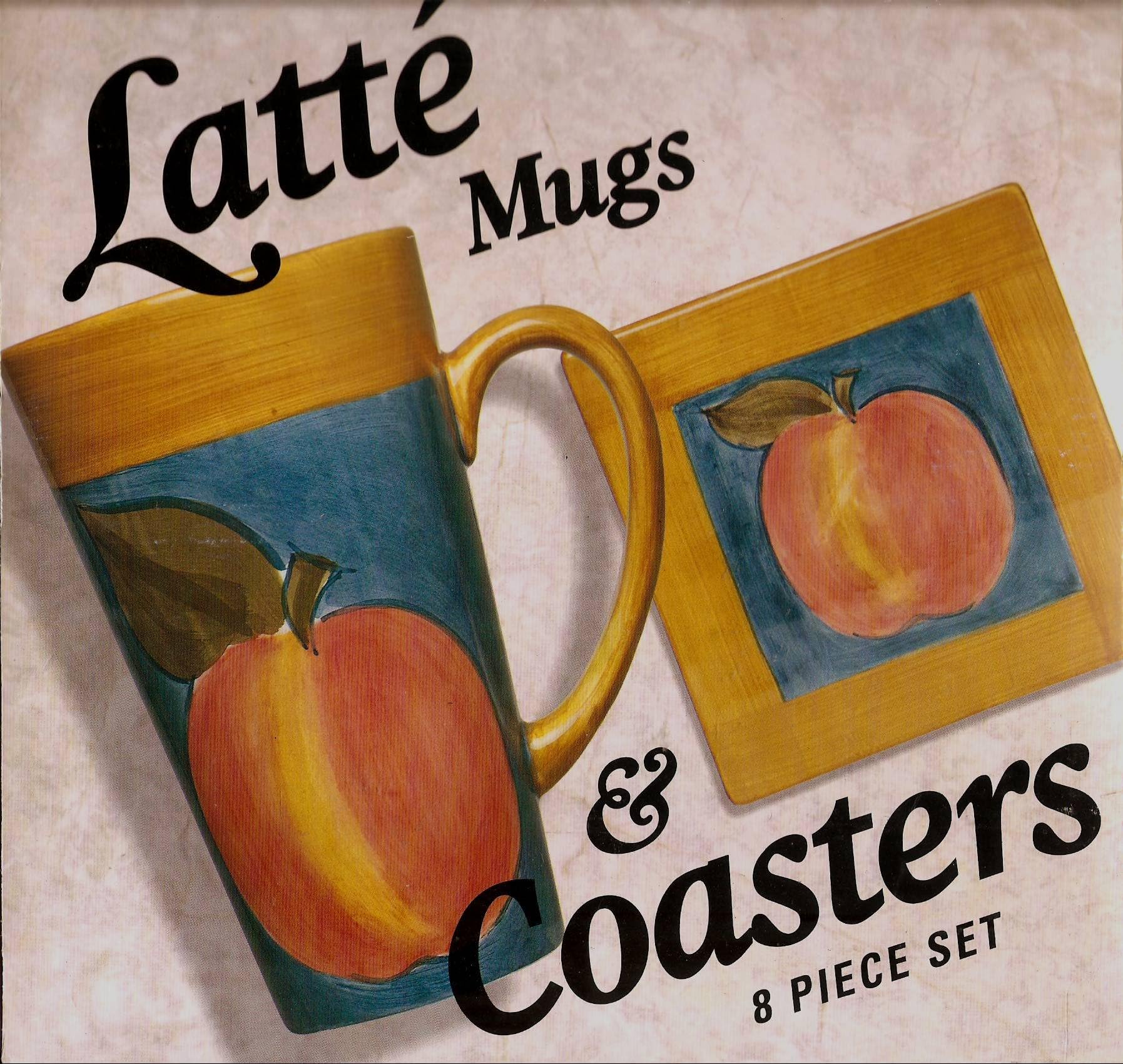 Peach Ceramic Latte Mugs and Matching Coasters, 8 Piece Set