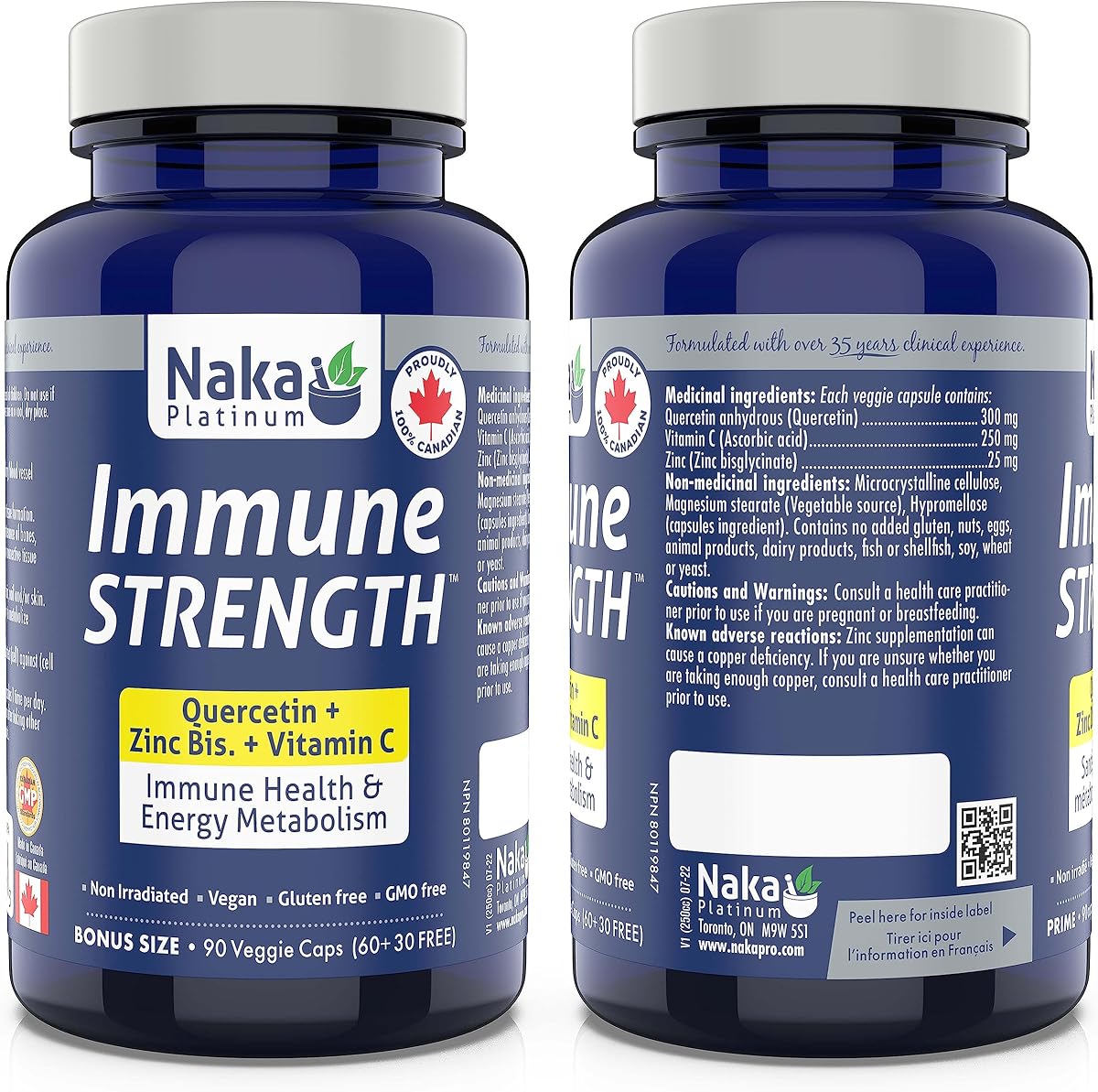 NAKA Immune Strength 90vcaps, Quercetin + Zinc Bis + Vitamin C, Made in Canada (60+30 vcaps)