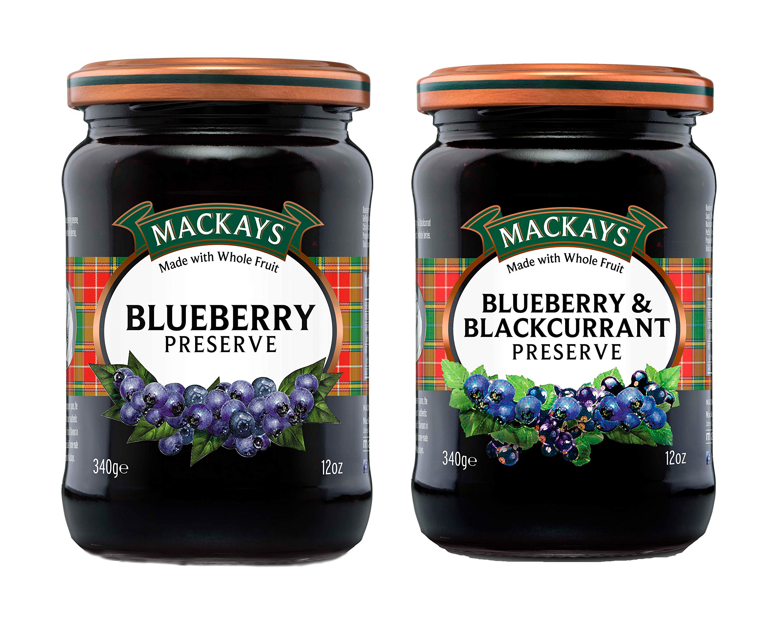 Mackays Blueberry Preserve & Blueberry & Blackcurrant Preserve 340g (Pack of 2) | Imported from Scotland | Made with Whole Fruits | Vegan | Gluten-Free | No Artificial Colors or Preservatives