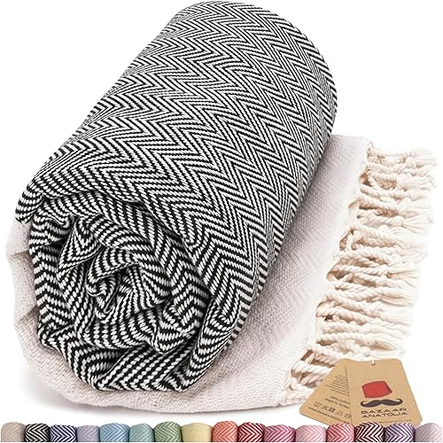 Bazaar Anatolia Toalla turca de playa 100% algodón, 71 x 39 pulgadas, secado rápido, sin arena, ligera, grande, de gran tamaño, espiga negra