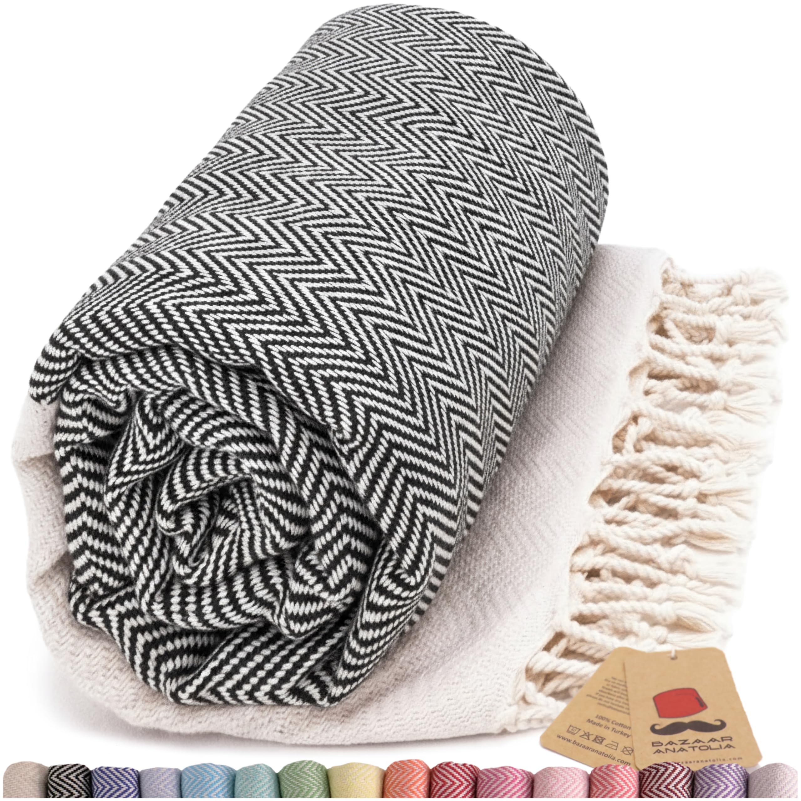 Bazaar Anatolia Turkish Beach Towel 100% Cotton Bath Towels 71x39 Quick Dry Sand Free Lightweight Large Oversized Herringbone Black