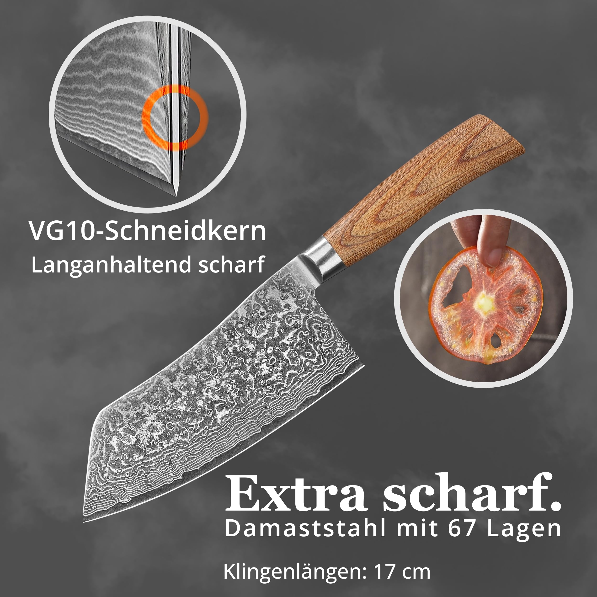 Wakoli EDIB Pro Chai Dao Messer, 17 cm Klinge aus Damaststahl mit VG10 Kern | 67 Lagen, 60 ± 2 HRC, 32 cm Gesamtlänge, Pakkaholzgriff und Geschenkbox; für Fleisch, Gemüse und Kräuter, nicht für Knochen