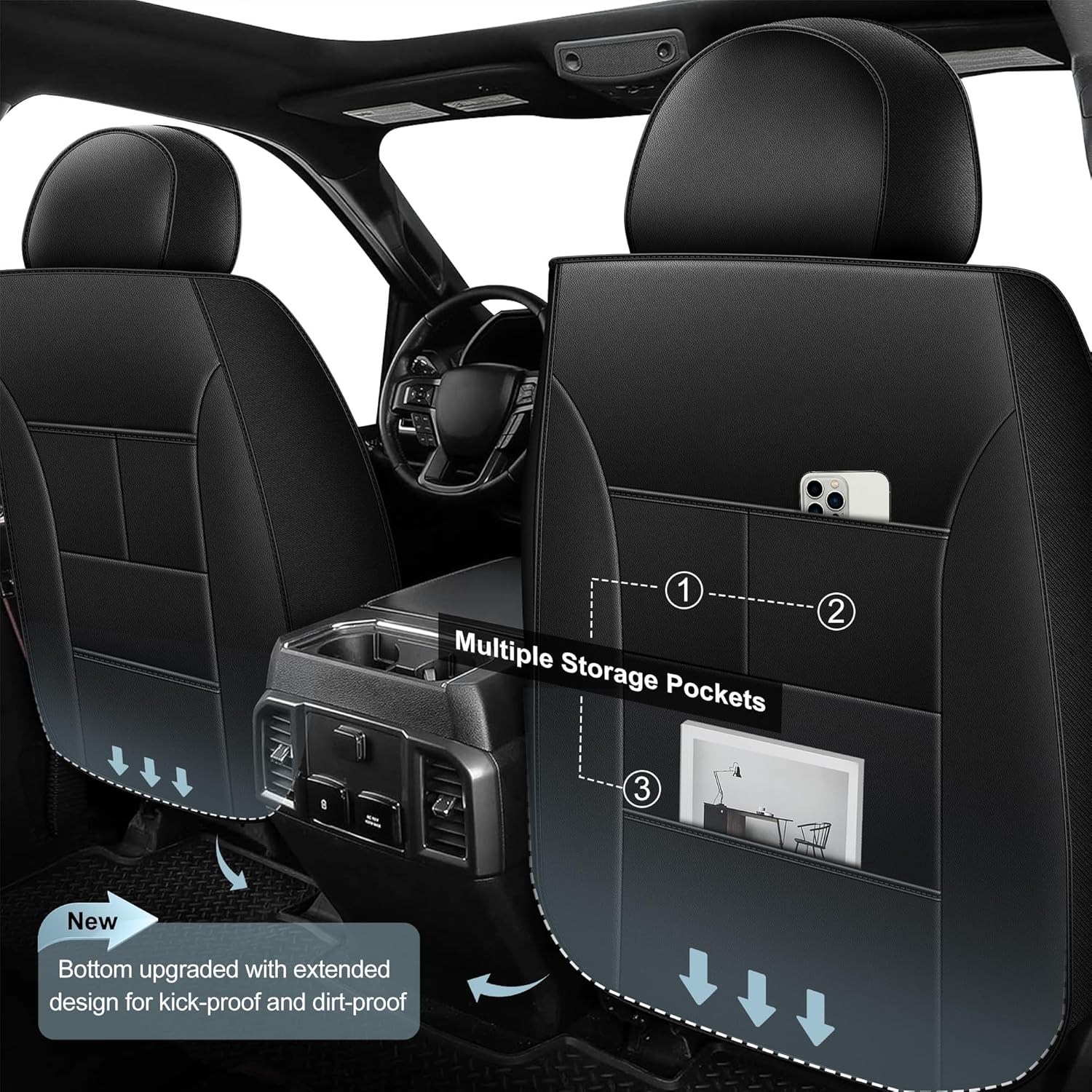 Car Seat Covers Fit for 2009-2026 Ford F150 2017-2026 F250 F350 F450 Waterproof Faux Leather Seat Covers (Front Seat, Black&Grey)