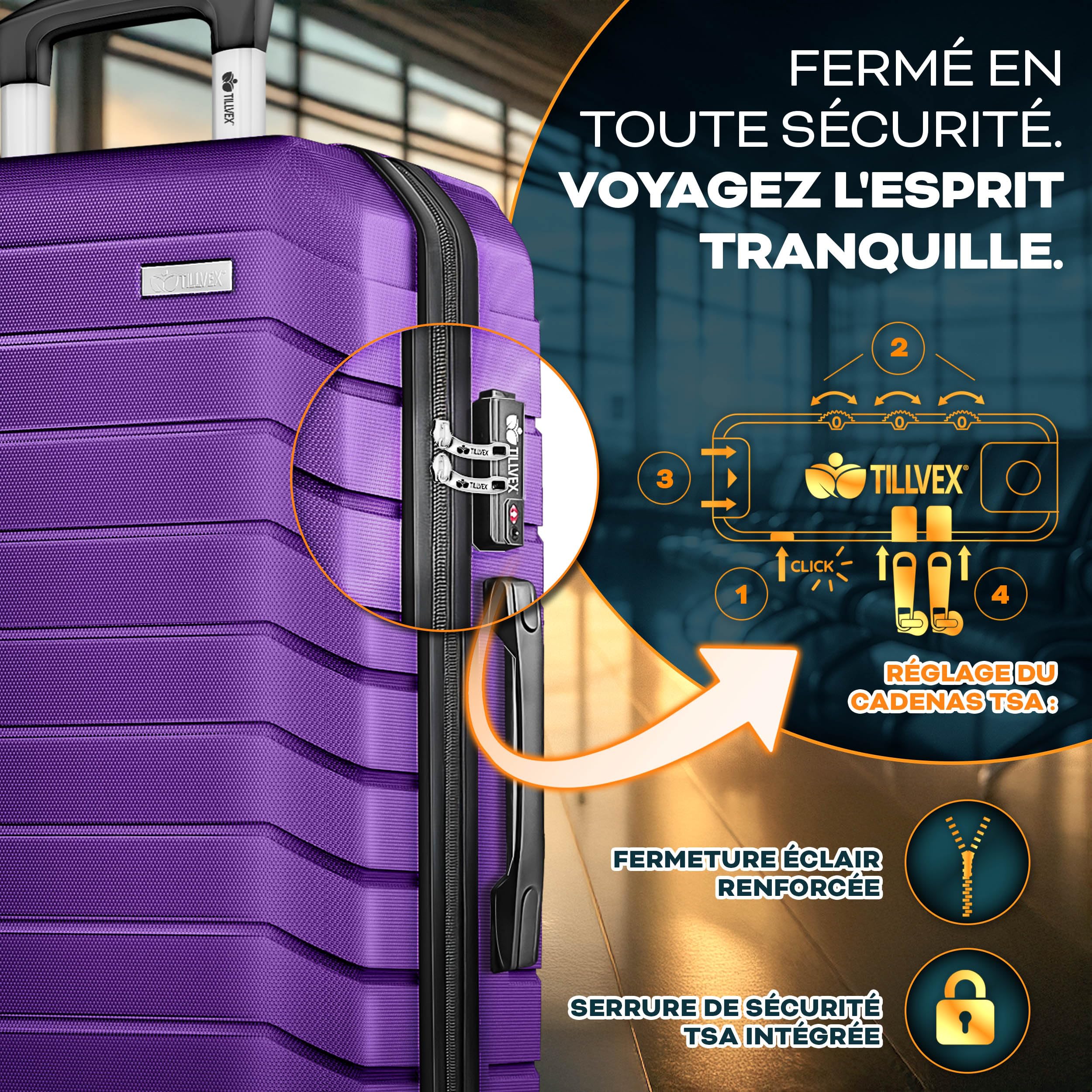 tillvex® Set de 3 Valises de Voyage + Balance, 3 Sangles à Bagages et 3 étiquettes à Bagages | Lot de valises avec roulettes et TSA Lock | Sacs de Voyage à Coque Rigide M-L-XL (Violet)