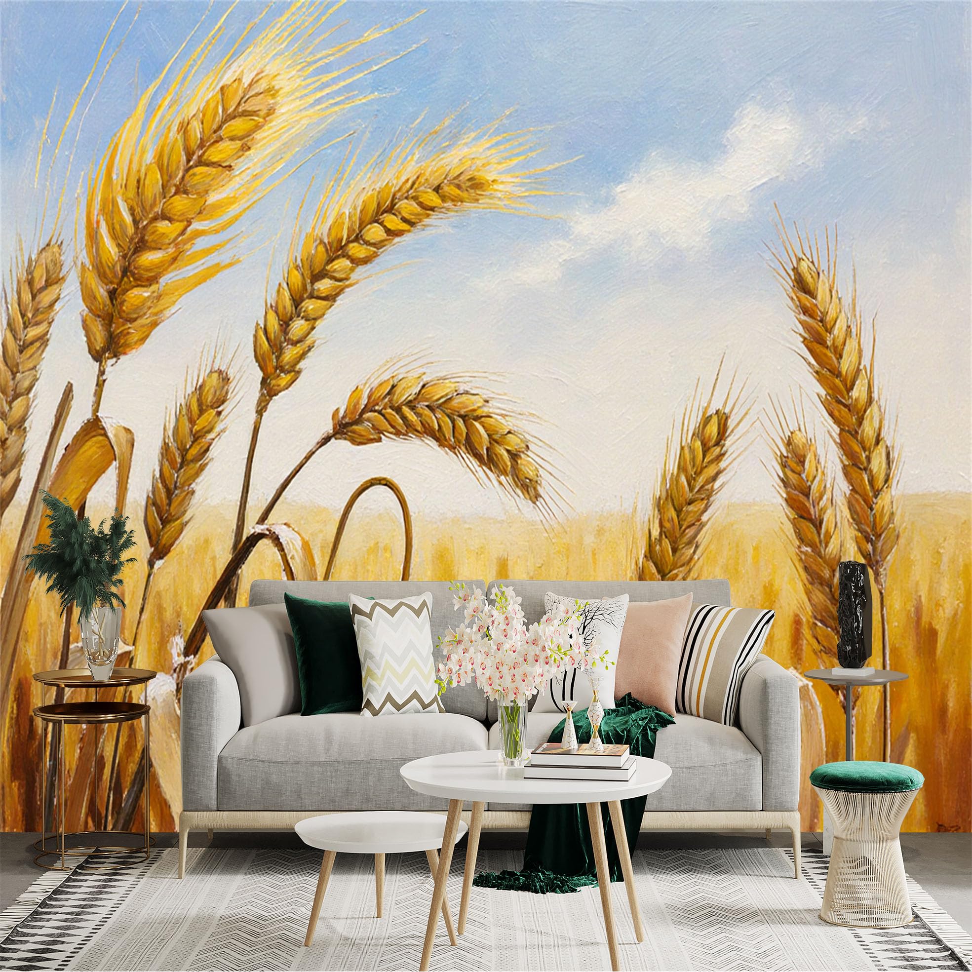 Custom Size Wall Sticker Mural， Golden Wheat Field with Blue Sky and Sunshine， for wall Decoration， peelandstick wall Decals.