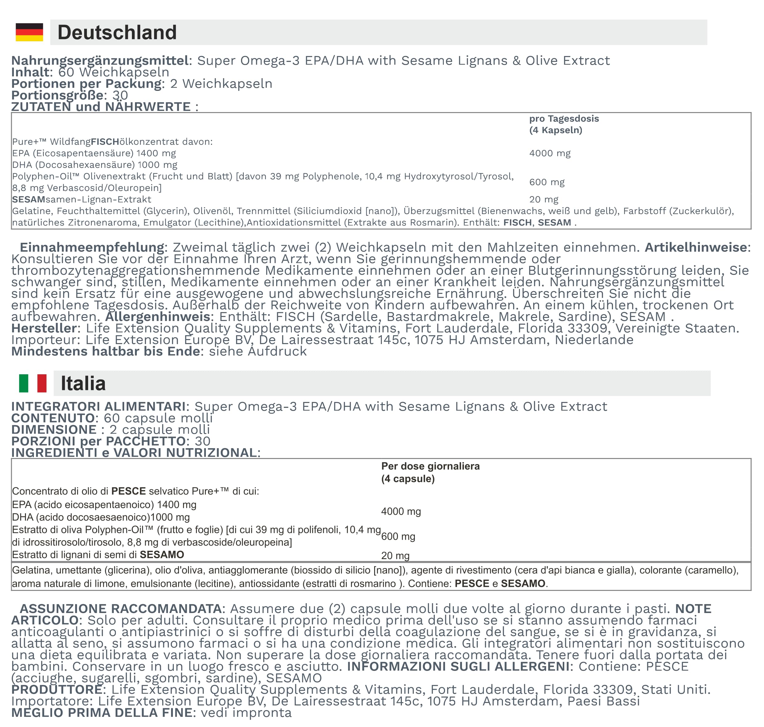 Life Extension - Super Omega-3 EPA/DHA mit Sesam Lignanen & Olivenextrakt | Hochdosierte Omega-3-Fettsäuren für Herzgesundheit und Gelenkfunktion - 60 Softgels
