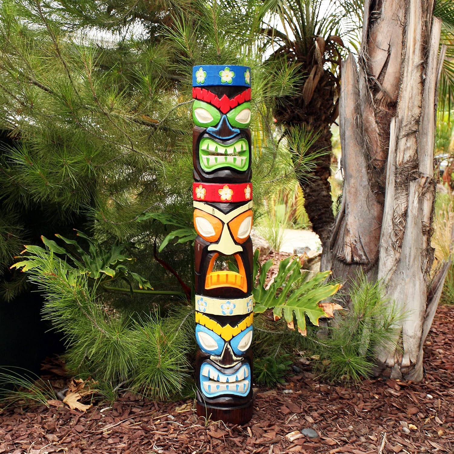 Hand-Carved Tropical Tiki Mask with Turtle and Hibiscus Flower