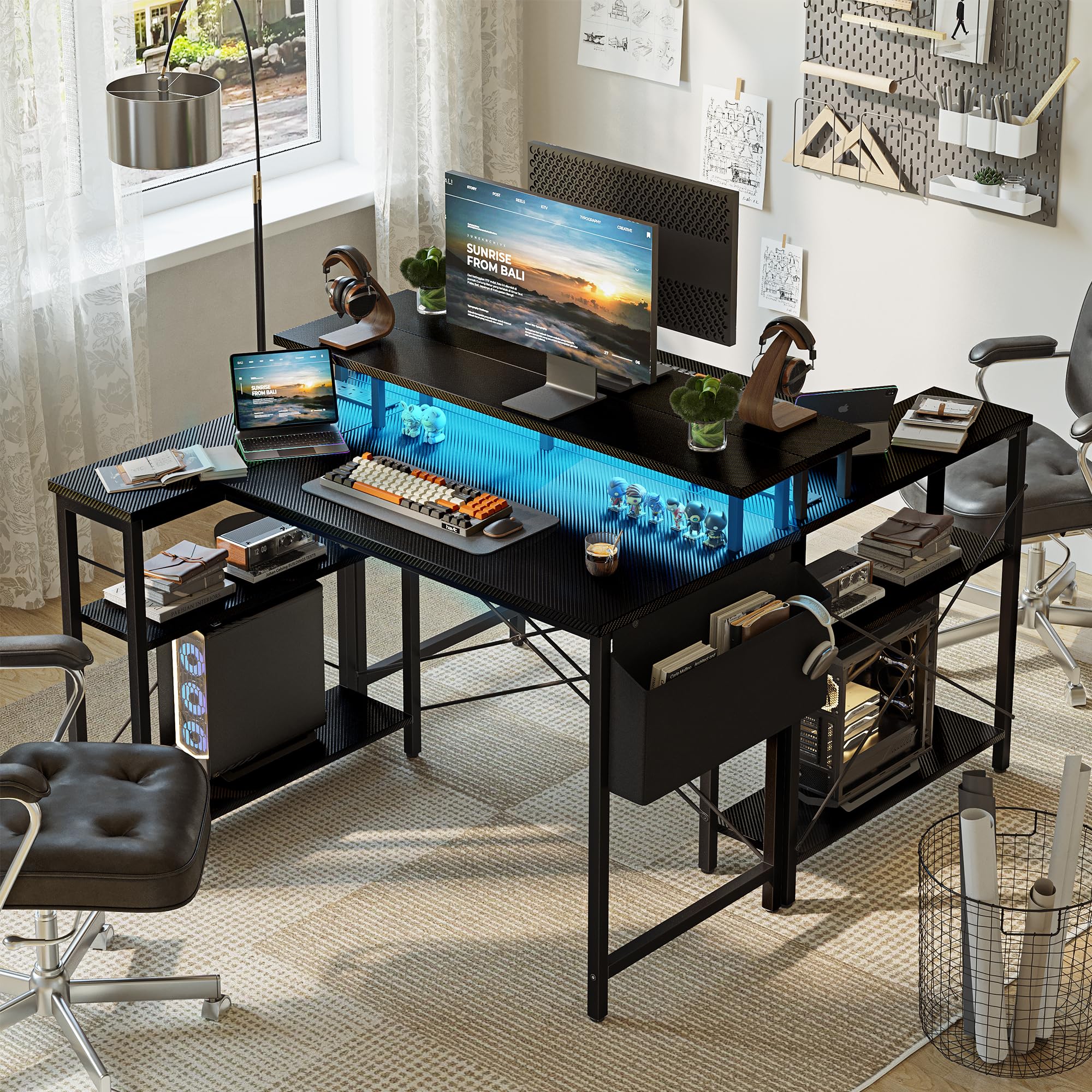 Grandder Scrivania ad Angolo Reversibile 100x70cm, Tavolino Computer a Forma L Ripiani Portaoggetti e Struttura in Acciaio, per Gaming, Computer, Ufficio, Studio e Casa, Nero