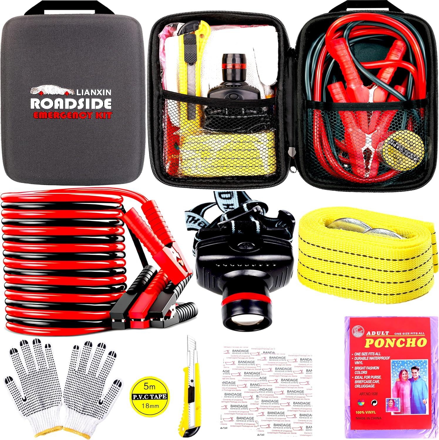 Car Roadside Emergency Kit,Car Safety Roadside Assistance Kit Jumper Cables, Headlamp,Tow Straps,Art Knife,Grey Automotive Emergency Kits
