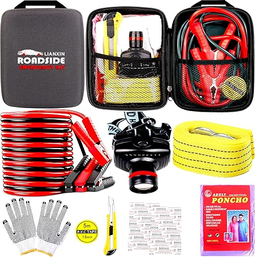 Miniatura 10 de Kit de emergencia en carretera para auto, con cables de puente, kit automotriz, kit de asistencia de seguridad en carretera con farol, correas