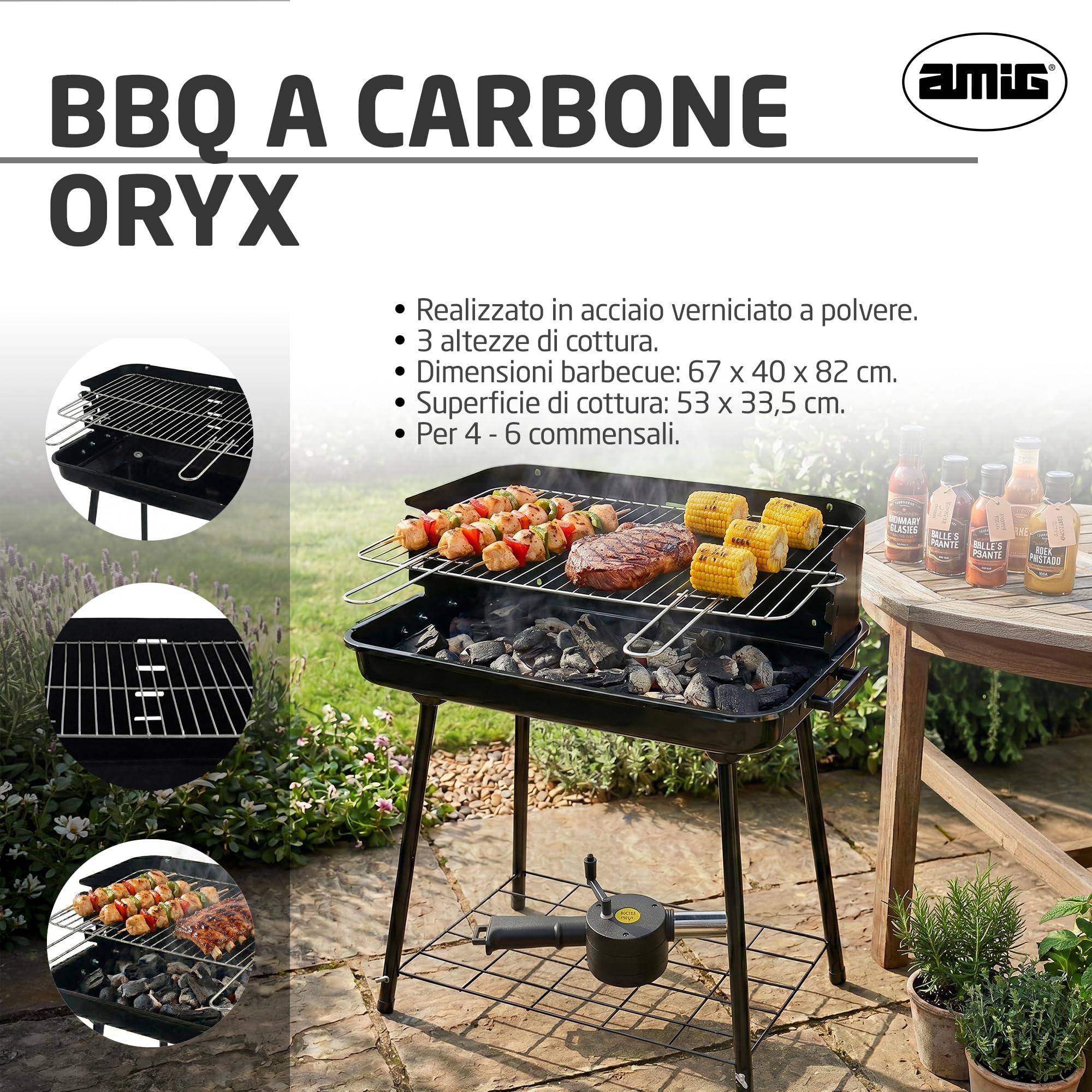 Amig - Barbecue a carbone - 67 x 40 x 82 cm - Nero - Fabbricata in Acciaio - Giardino e patio - per riunioni all'aperto con esperienza d'uso comoda e facilità di pulizia dopo ogni utilizzo. Mod. ORYX