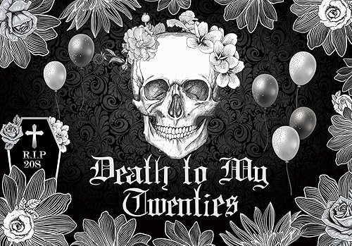 Miniatura 5 de Hilioens Telón de fondo de 8 x 6 pies de muerte a mis veinte para cumpleaños 30 de Halloween, RIP to My 20s, jóvenes, gótico, cráneo, ataúd, fondo