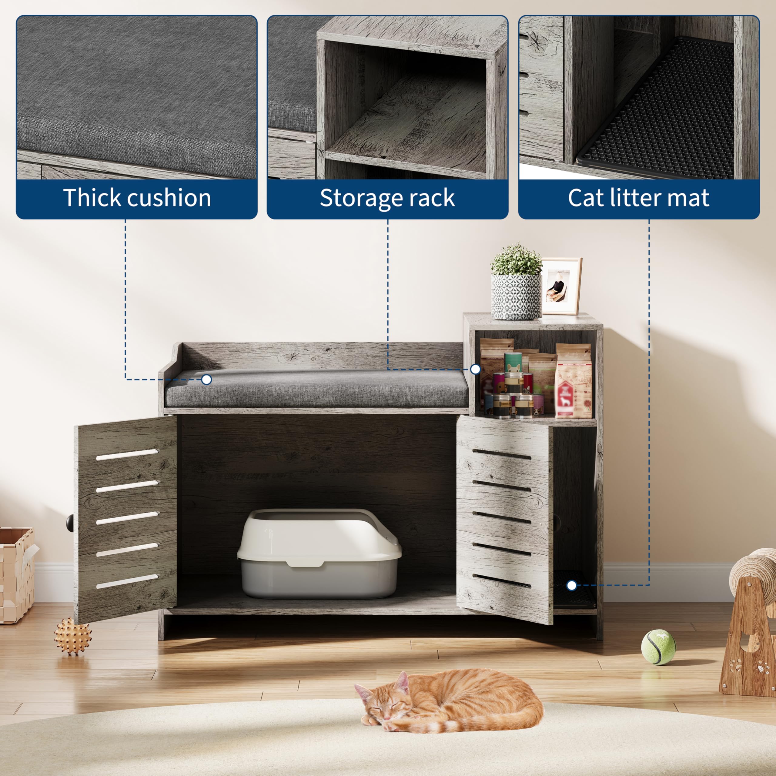 Cat Litter Box Enclosure, Hidden Litter Box Cabinet Furniture with Scratch Pad, Farmhouse Indoor Cats House with Storage Layer for Hallway, Bedroom - image 5