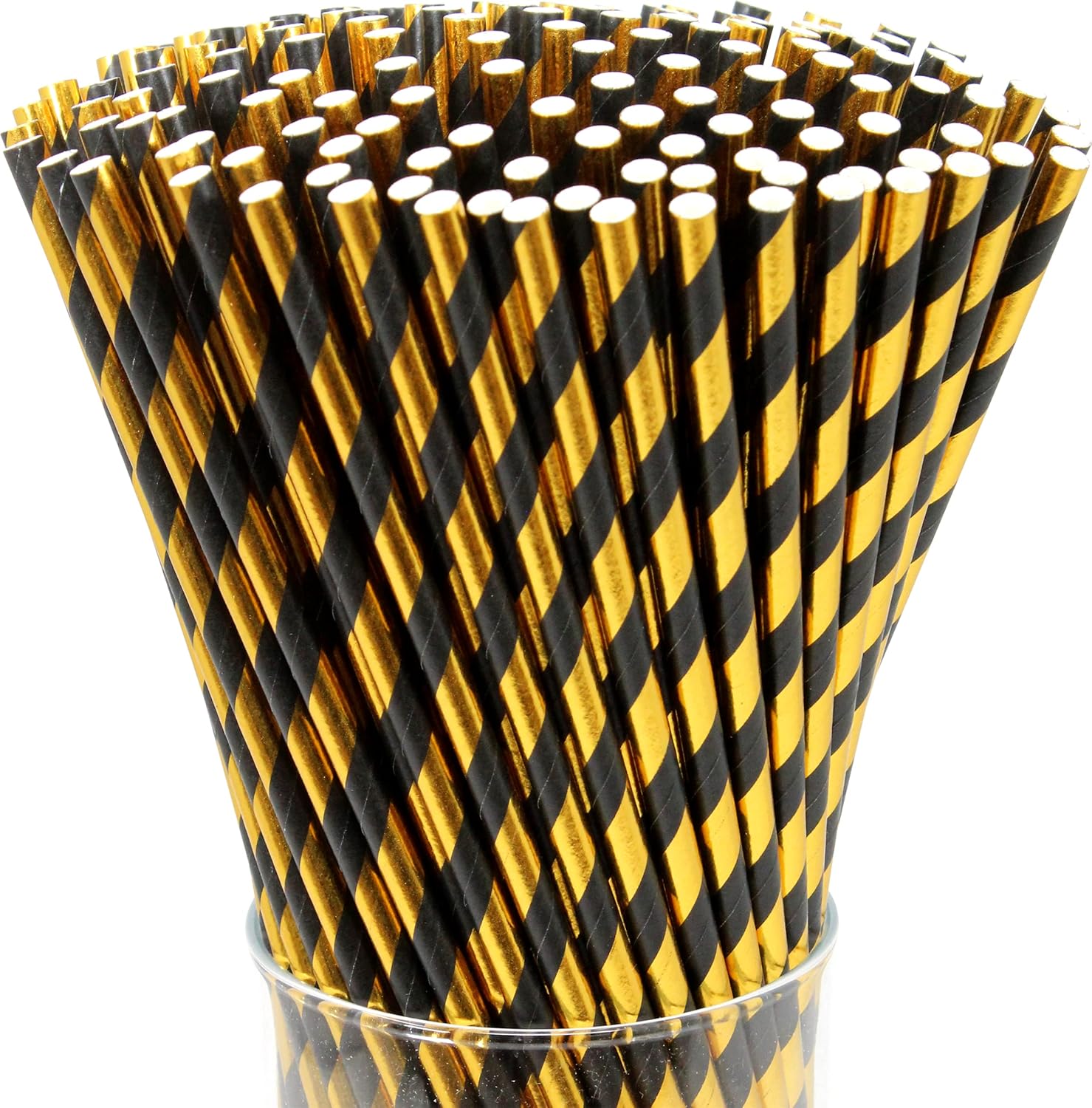 150-Pack Biodegradable Black and Gold Stripes Paper Straws – Black and Gold Stripes Cake Pop Sticks for Weddings, Birthdays, Anniversaries – Disposable Drinking Straws