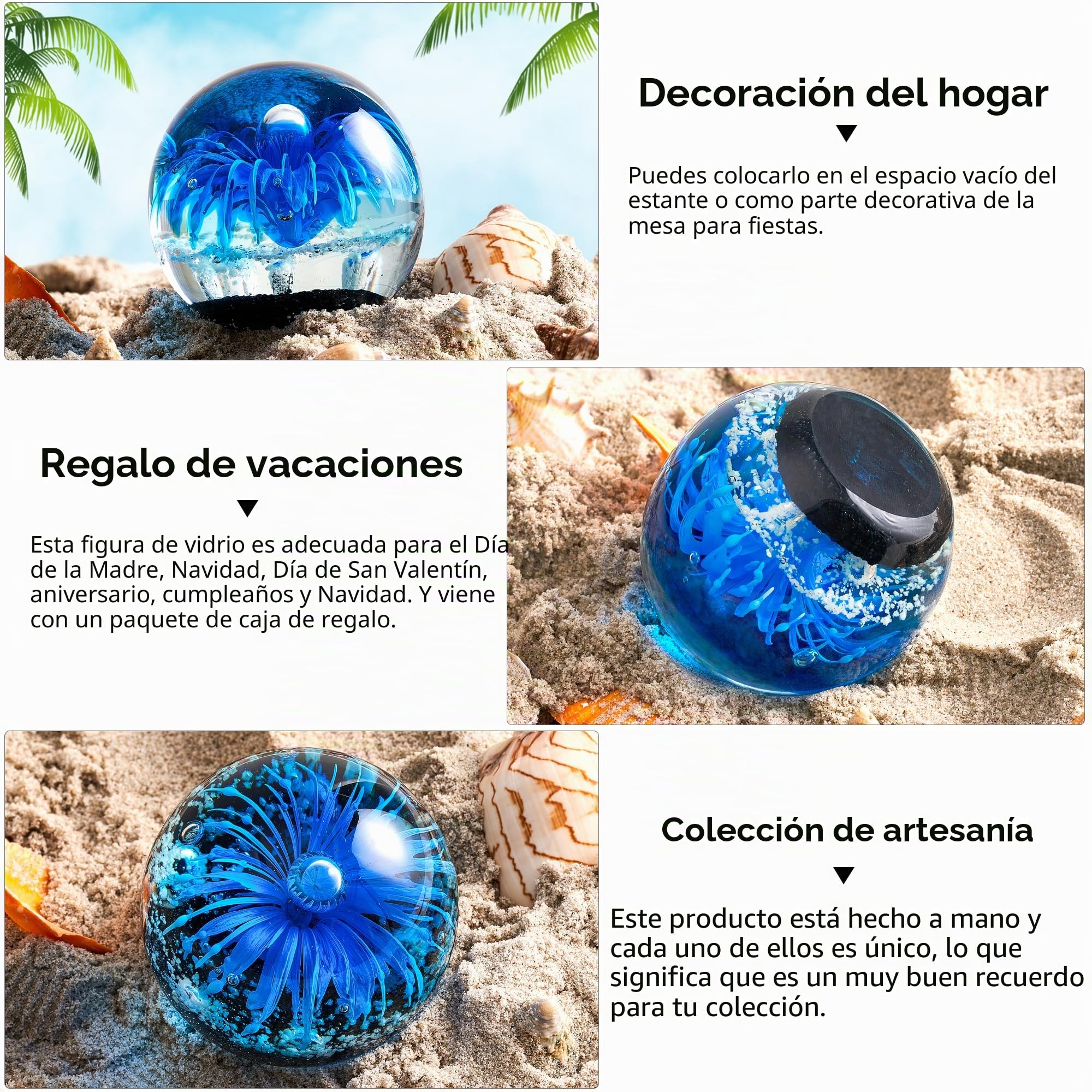 EUSTUMA Figura de Esfera de Flor Azul de Vidrio soplado a Mano, Bola de Vidrio de pisapapeles Azul,colección de Plantas Marinas para Regalo de cumpleaños, pisapapeles de Vidrio